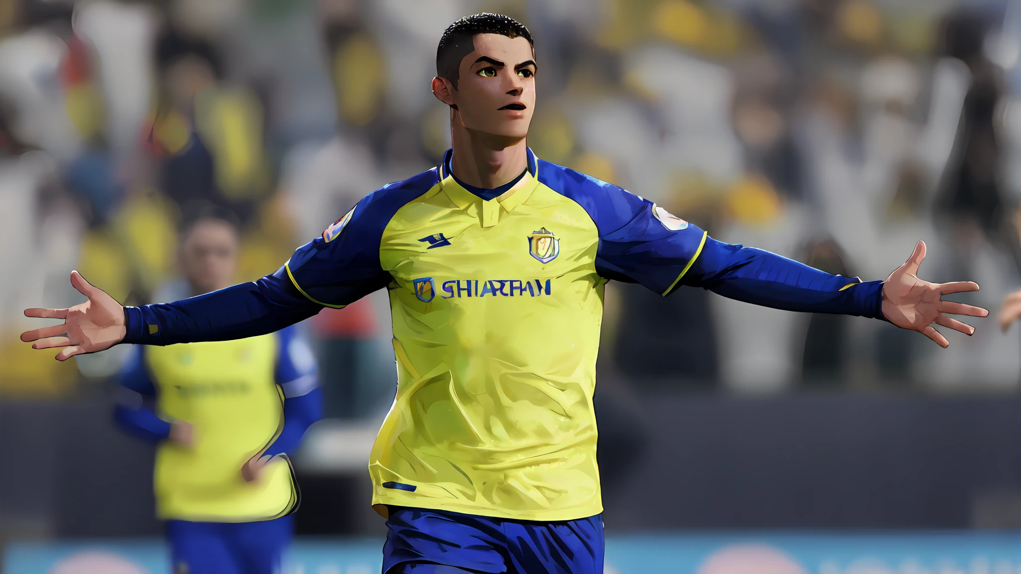 araffed soccer player in yellow and blue uniform with arms outstretched out, cristiano ronaldo, soccer player cristiano ronaldo, cristiano ronaldo, portrait of cristiano ronaldo, celebrate goal