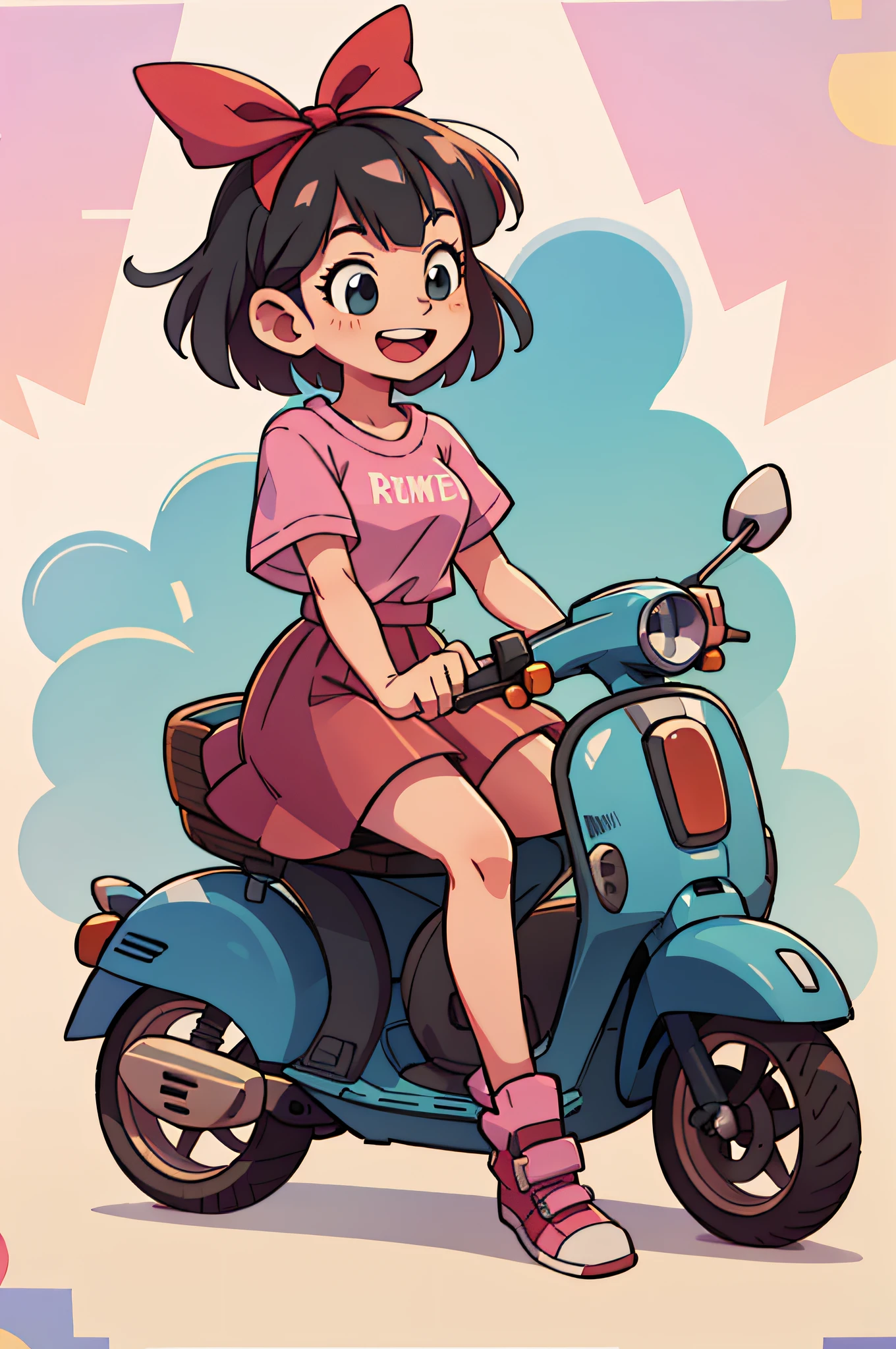 Clothes peaches，Black hair, Hair ribbon, Bowl cut, Pink shirt,  Ride a Vespa motorcycle, Pink skirt, Smile, Open mouth