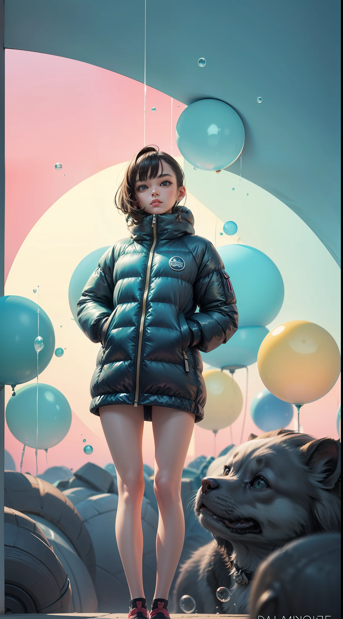 vintage, retroscifi, and minimalista unite to create an extraordinary scene powered by fashion. A single girl wearing power puffer clothes stands at the forefront as bubbles drip casually into the background, completing the aesthetic.