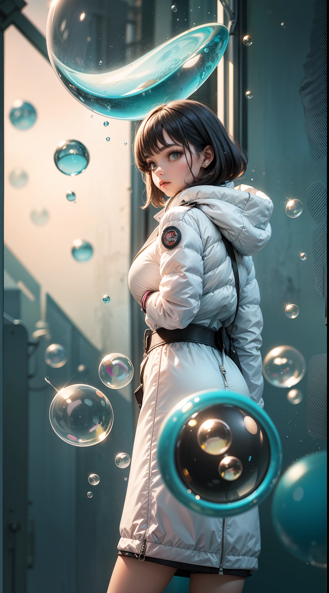 vintage, retroscifi, and minimalista unite to create an extraordinary scene powered by fashion. A single girl wearing power puffer clothes stands at the forefront as bubbles drip casually into the background, completing the aesthetic.