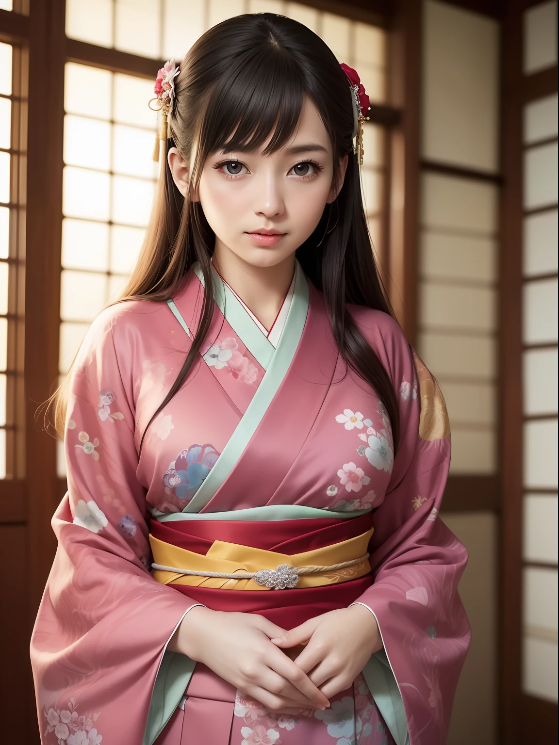 Master peace, best quaity, (((Real、photo-realistic:1.37))), ((solo)), 8K image quality , extremely delicate and beautiful, marvelous, Official art with attention to detail, Ridiculous, incredibly absurdres, huge filesize, ultra- detailed, highly detail, (Pretty girl), (detailed girl), Very detailed eyes and face, Beautiful detailed eyes, Light makeup, (1 girl), (Perfect female figure), slim waist, (The beauty of the Japan), ((all body)), With bangs, fold your hands in the abdomen, Feminine look, Gentle smile, (Furisode), Wide strip, (japanese kimono), (18 years), Frugal kanzashi, Upstyle Hair,