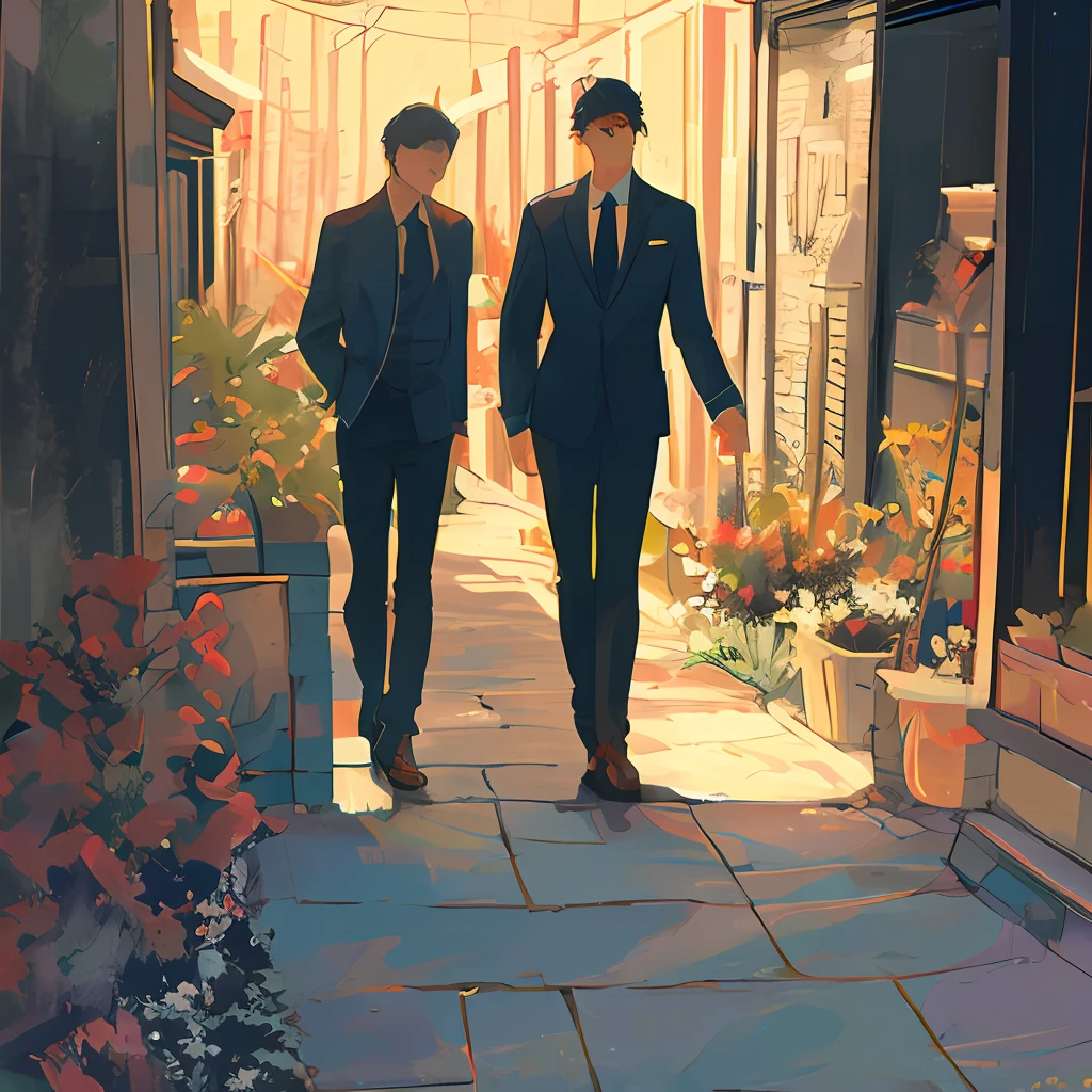 two young man in a suit is cheek to cheek,two handsome boy,inthe style of tranquil gardenscapes, romantic manga,i can't believe how beautiful this iswavy resin sheets,sunny,delicate shading,heavyshading,dreamy and romantic,high quality color matching,super rich details, 8K, best quality ,art by Kurahashi Rei --ar 3:4--style expressive