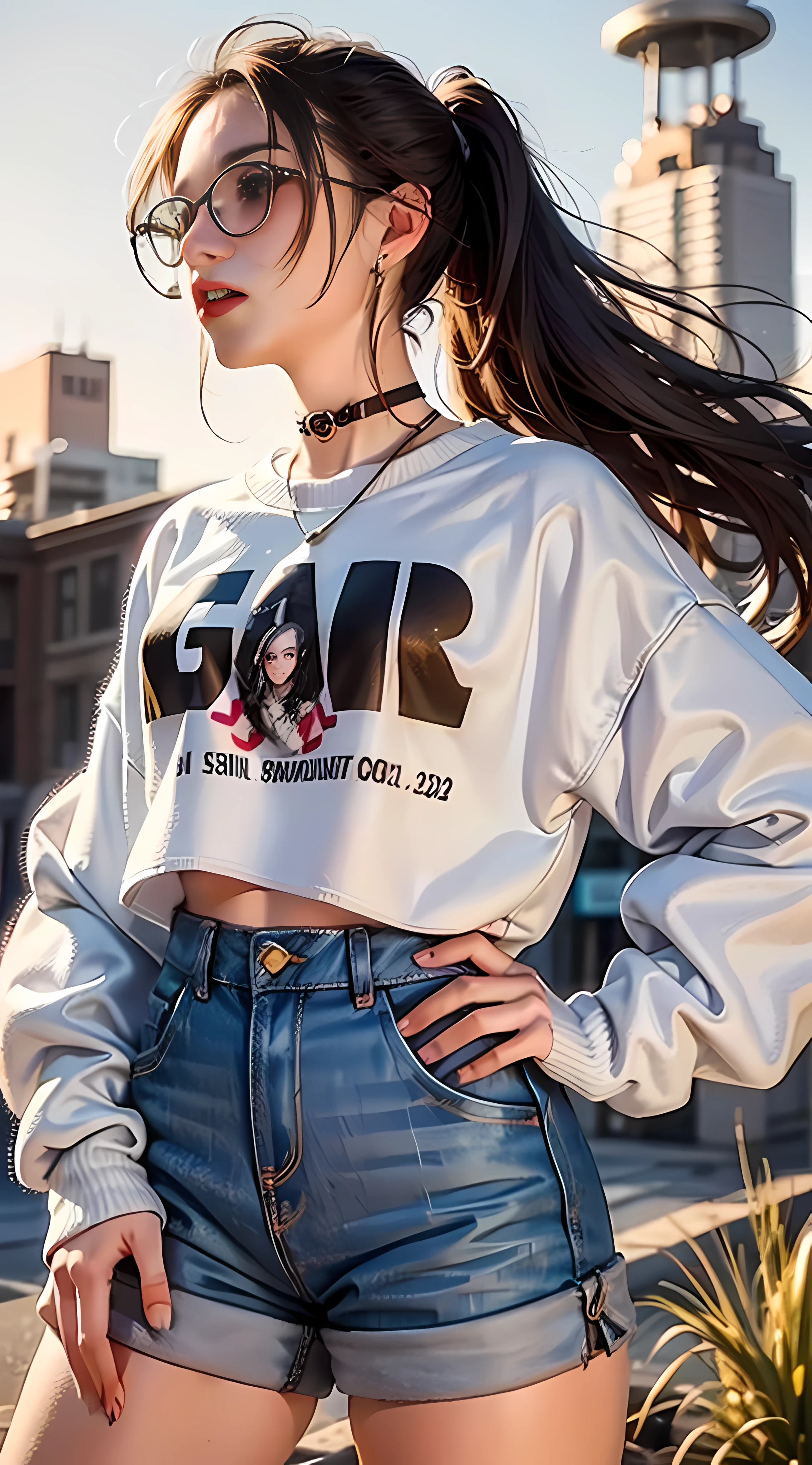 Ultra high quality,8K,gal girl,Sexy and feminine, high and cold,Enchanting,big eyes,Small mouth,The head proportions are perfect,Gray high ponytail,Wear a sweatshirt monogram print, High Waist Shorts,Flaming red lips,Swan neck,chokers,sun is shining,