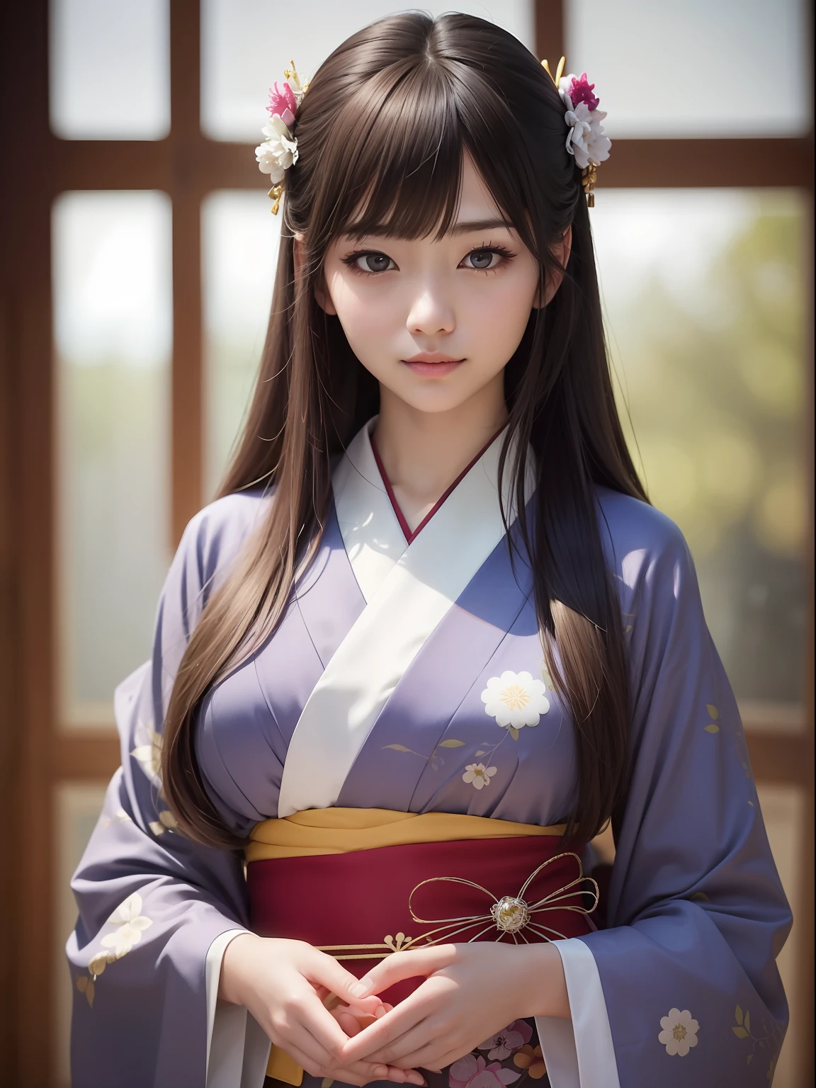 Master peace, best quaity, (((Real、photo-realistic:1.37))), ((solo)), 8K image quality , extremely delicate and beautiful, marvelous, Official art with attention to detail, Ridiculous, incredibly absurdres, huge filesize, ultra- detailed, highly detail, (Pretty girl), (detailed girl), Detailed eyes and face, Beautiful detailed eyes, Light makeup, (1 girl), (Perfect female figure), slim waist, (The beauty of the Japan), ((all body)), With bangs, Hands down in front of the body, Fold your hands, Feminine look, Gentle smile, (Furisode), Wide strip, (japanese kimono), (26 years old), Frugal kanzashi, Upstyle Hair,