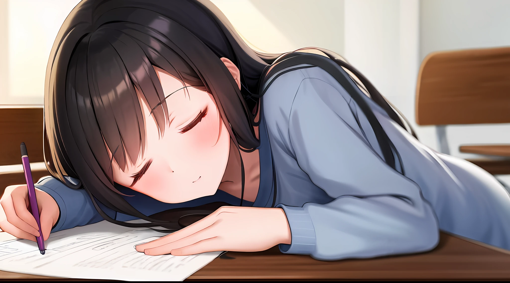 masterspiece, beste Quality, highly resolution, a 1 girl, Loose T-shirt、 Girl sitting on chair studying drafting at desk, Study seriously, Good luck studying、drawn、a beautifu、a Pretty、Sleeping face down on a desk、High Ponytail、Comfortable sleeping face