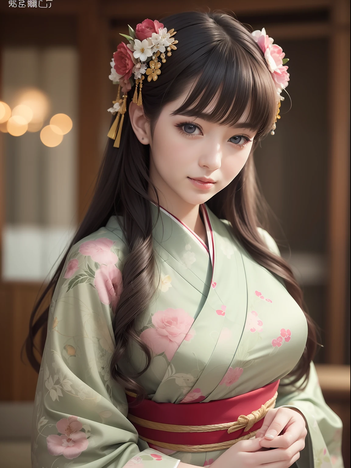 Master peace, best quaity, (((Real、photo-realistic:1.37))), ((solo)), 8K image quality , extremely delicate and beautiful, marvelous, Official art with attention to detail, Ridiculous, incredibly absurdres, huge filesize, ultra- detailed, highly detail, (Pretty girl), (detailed girl), Detailed eyes and face, Beautiful detailed eyes, Light makeup, (1 girl), (Perfect female figure), slim waist, (The beauty of the Japan), ((all body)), With bangs, Hands down in front of the body, Fold your hands, Feminine look, Gentle smile, (Furisode), Wide strip, (japanese kimono), (26 years old), Frugal kanzashi, Upstyle Hair,