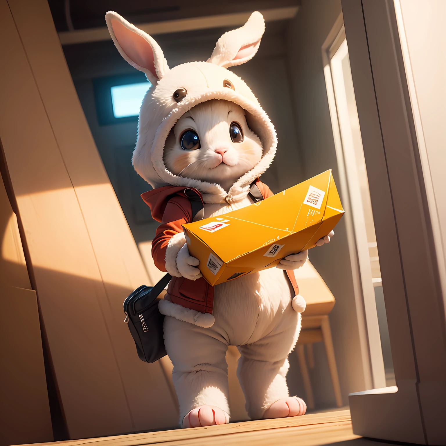 The character:An anthropomorphic cute baby bunny image,Scenes:Holding a courier package in his hand ,backgrounds:pure color background --auto