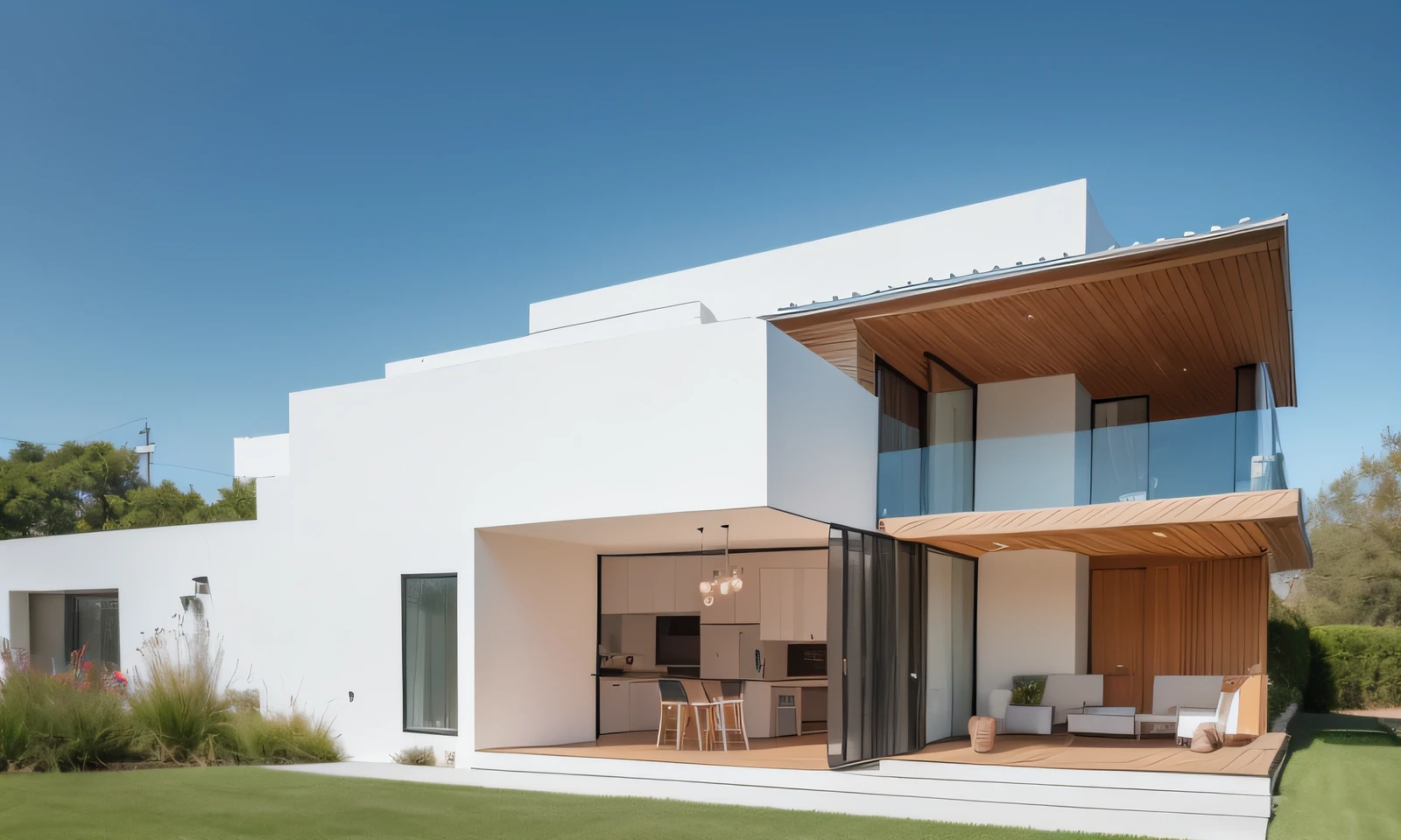 "Modern luxury homes, seen in 45-degree perspective. The sky is blue, with white clouds floating gently. The house has a unique and contemporary architecture, with an imposing and elegant façade. The windows are large, allowing plenty of natural light in, gently illuminating every room. The surrounding garden is well tended, with colorful flowers in full bloom. Inside the house, there is a minimalist and sophisticated décor, with modern and high-quality furniture. The atmosphere is spacious and welcoming, providing comfort and well-being. The atmosphere is quiet and relaxing, perfect for moments of rest and contemplation, high definition, 8 k, devote bright colors"