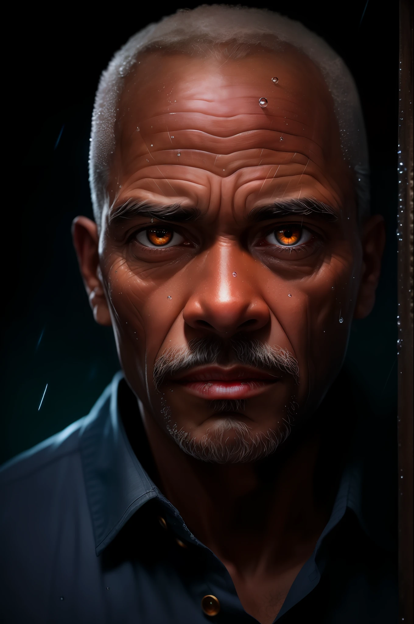 black man (sharp focus:1.2), an award winning photo of an old man peasant, water droplets, thunderstorm outside, lightning back lighting, , lines on face, wrinkles, extremely detailed skin, sadness, hopelessness ,cloudy eyes, (deep shadows:1.1), high contrast, beautiful eyes, absurdres, 8k, (high quality:1.3), , artstation hd, concept art, detailed face and body, award-winning photography, (moody lighting:1.2), depth of field, bokeh, 4K, HDR