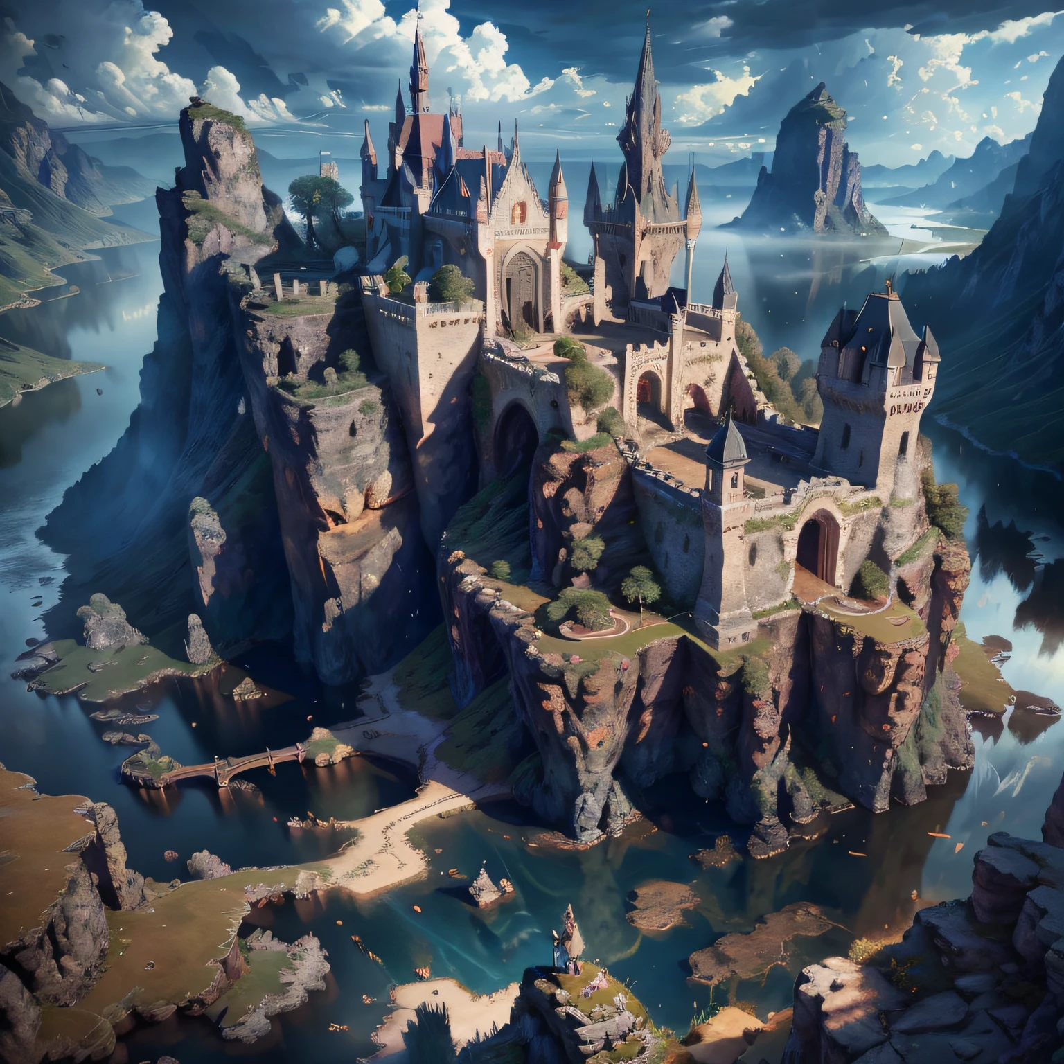 High resolution, super detailed, official art, unified 8k wallpaper, super detailed, beautiful and aesthetic, elven kingdom, castle built on a cliff, world tree, vines, thorns, dark, forest, lake, sky, clouds, magic, fantasy incredible, supersaturated, surreal, high resolution, artgerm, masterpiece, super detailed, epic composition, high quality, highest quality, 16k