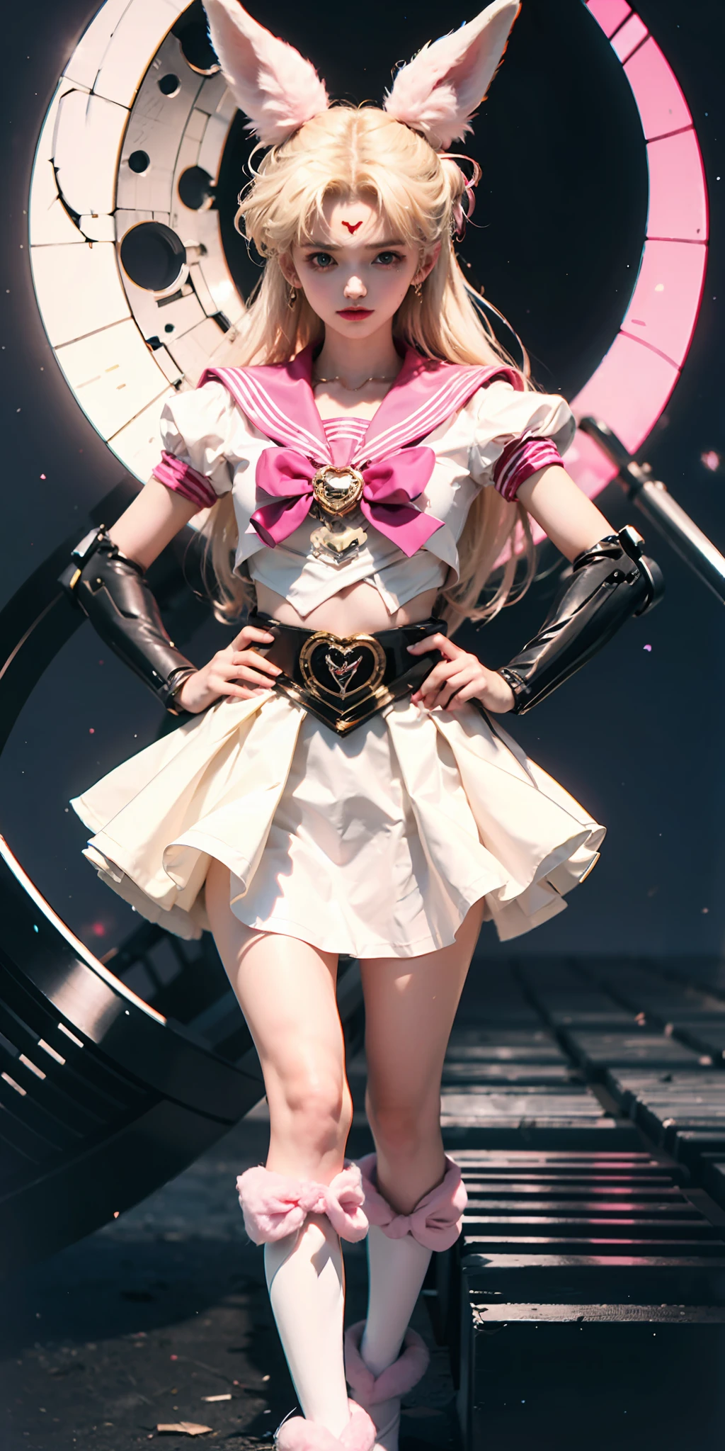1 mechanical girl: 1.4, Sailor Moon, pink sailor suit, good-looking face, sailor Moon, moon hare, rabbit ears, white top, blonde hair, pink skirt, heart on background, sci-fi background, complex background, glowing hair, light forehead, moon on the background, panorama, holding a gun