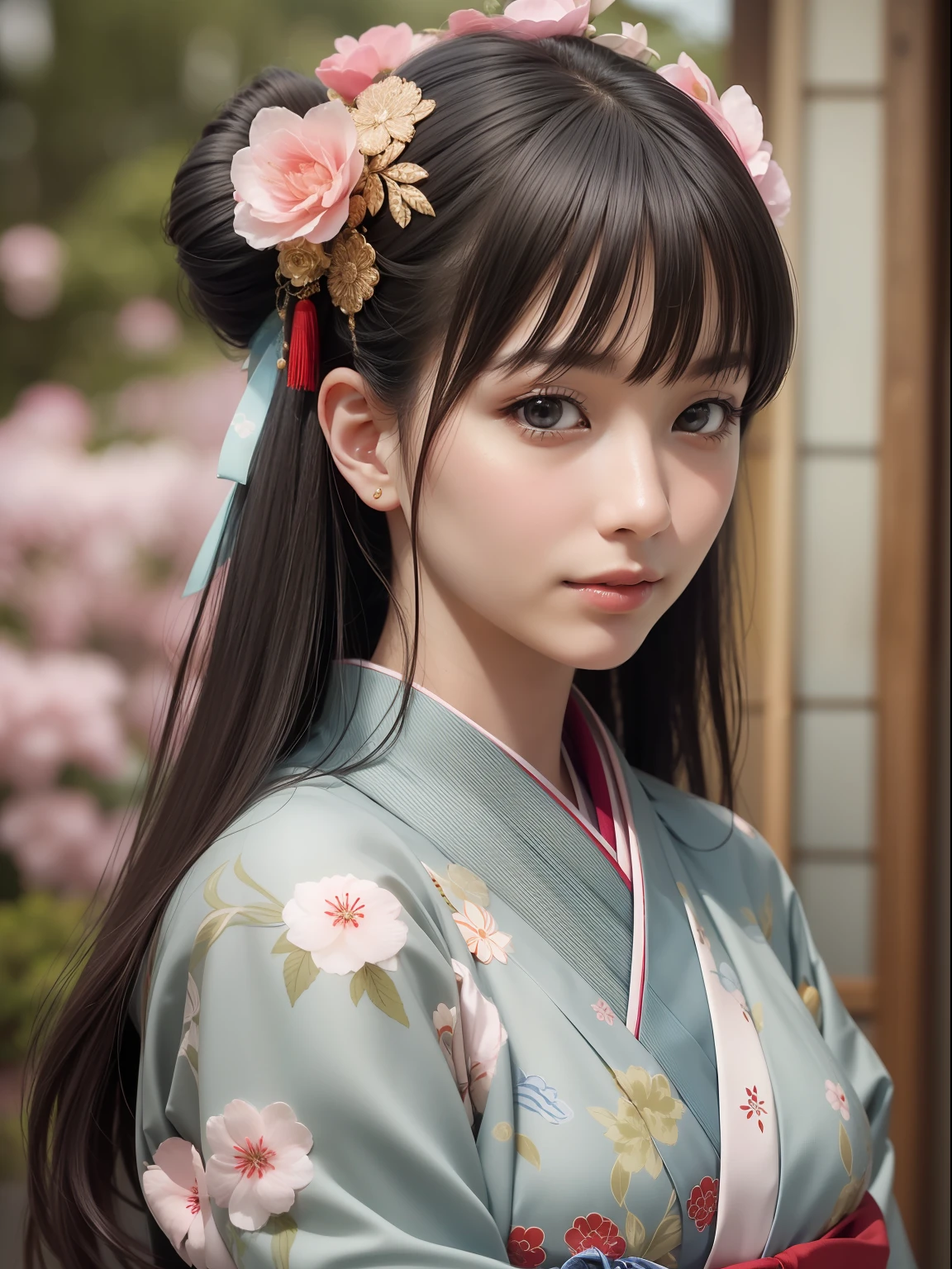 Master peace, best quaity, (((Real、photo-realistic:1.37))), ((solo)), 8K image quality , extremely delicate and beautiful, marvelous, Official art with attention to detail, Ridiculous, incredibly absurdres, huge filesize, ultra- detailed, highly detail, (Pretty girl), (detailed girl), Detailed eyes and face, Beautiful detailed eyes, Light makeup, (1 girl), (Perfect female figure), slim waist, (The beauty of the Japan), ((all body)), With bangs, Put down your hands and fold your hands in front of your body, appeal, Gentle smile, (Furisode), Wide strip, (japanese kimono), (Age28), Frugal kanzashi, Bun hair,