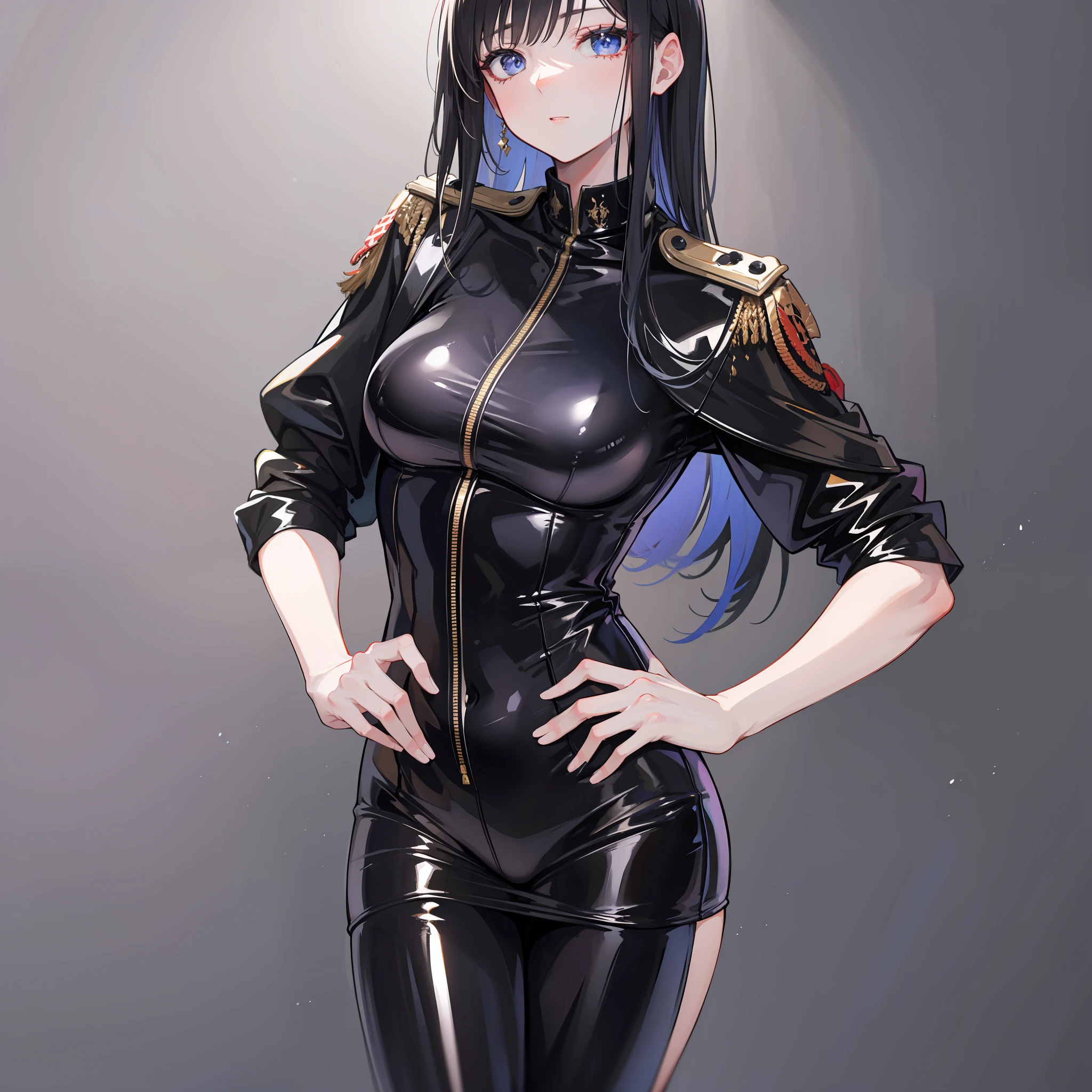 a woman in a black latex outfit posing for a picture, royal elegant pose, Fine details., in black military uniform, royal attire akira, seductive anime girls, wearing a black noble suit, in black uniform,