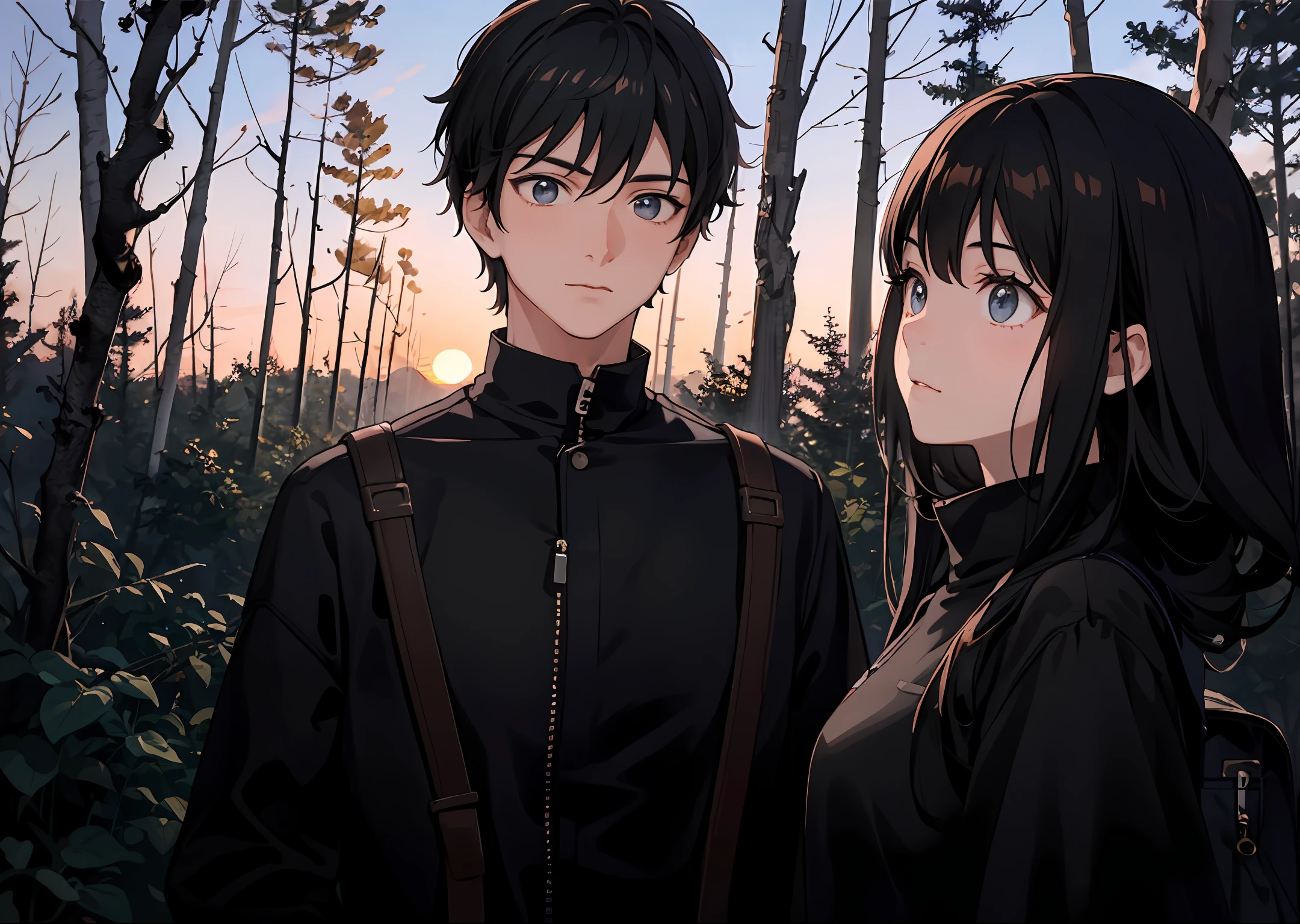masterpiece, extremely detailed, 16k wallpaper, {{1boy and 1girl}}, {{looking to the sky}}, below shot, perspective, in the forest, fall season, {sunset}