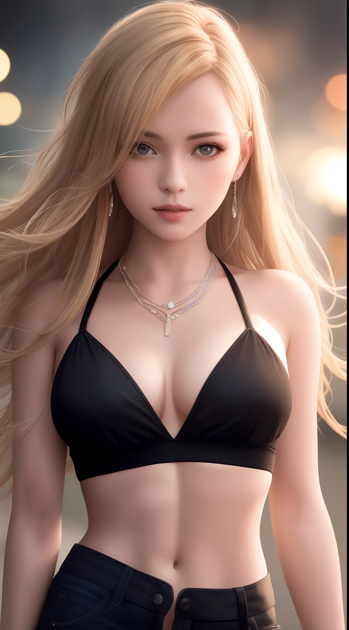 best quality, masterpiece, high_res, 1girl, hair ornament, necklace, jewelry, Beautiful face, upon body, tyndall effect, photo realistic, dark studio, rim lighting, two tone lighting, (high detailed skin:1.2), 8k uhd, dslr, soft lighting, high quality, volumetric lighting, candid, Photograph, high resolution, 4k, 8k, Bokeh, medium breasts, open fingers, (hair color:blonde:1)