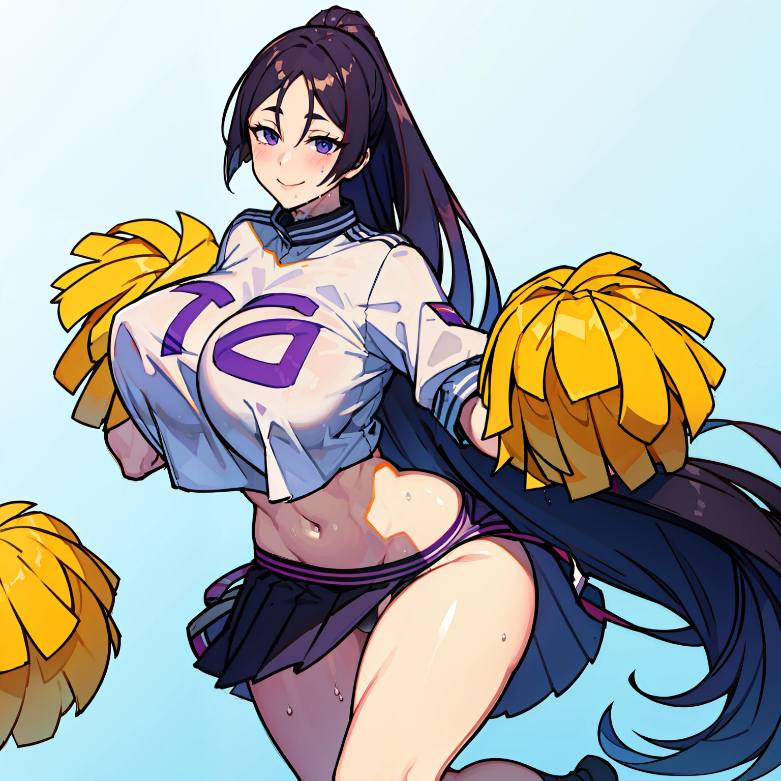 maternal smile, blushing, Pompones, uniform, crop top, midriff skirt, miniskirt, crop top overhang, clothes lift, large, sweat, thick thighs, (huge chest 1.5), cheerleader uniform, wet clothes, semi-transparent clothing, erect nipple under clothes, high ponytail, visible underwear, micro thong, (high thong), (standing on one leg), masterpiece, best quality, Very detailed