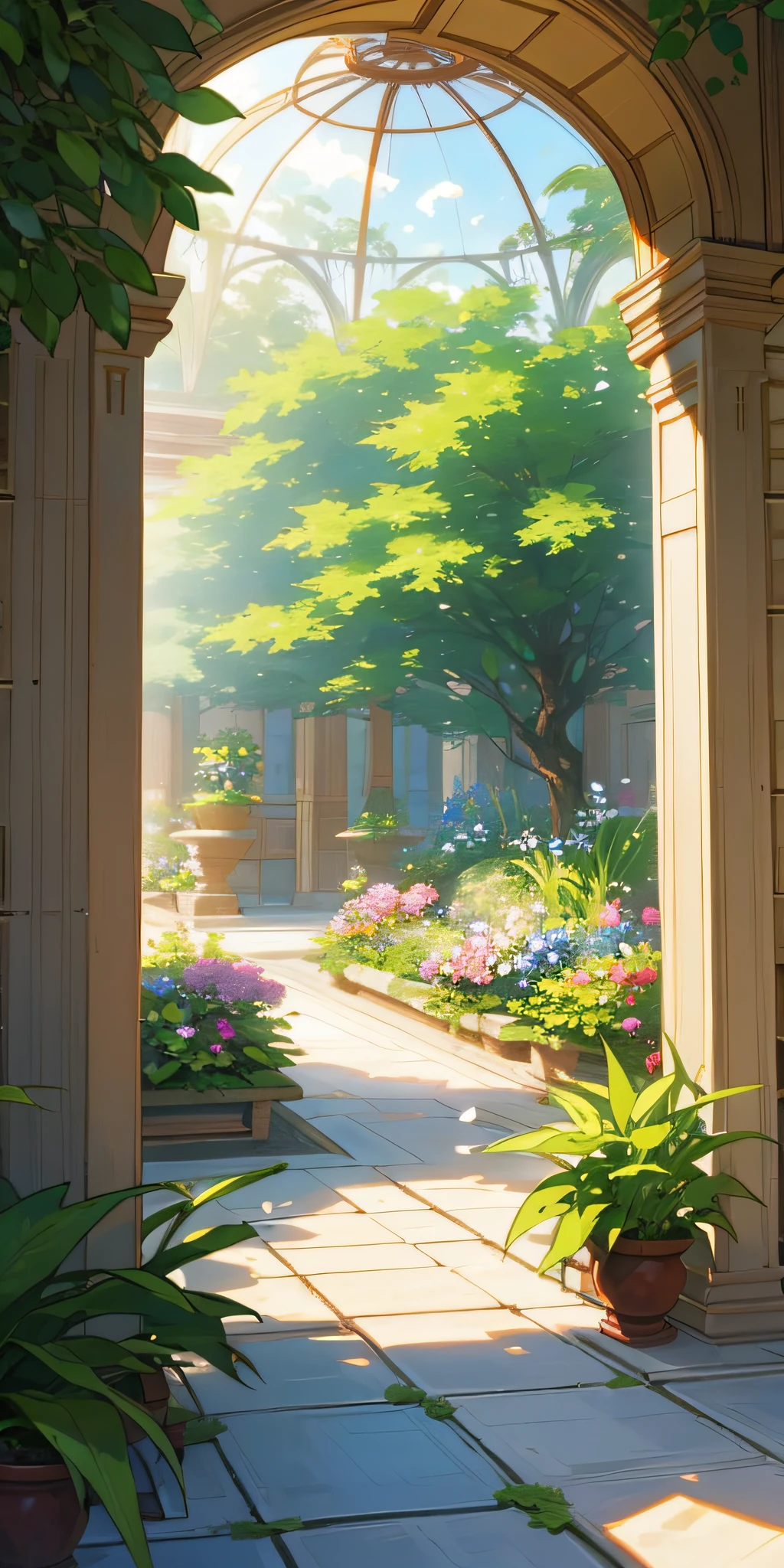 (top quality, masterpiece, ultra-real), indoor botanical garden, dome, lots of flowers, dense mass of plants, the landscape in the background is a garden with petals and puffs flying around. --v6