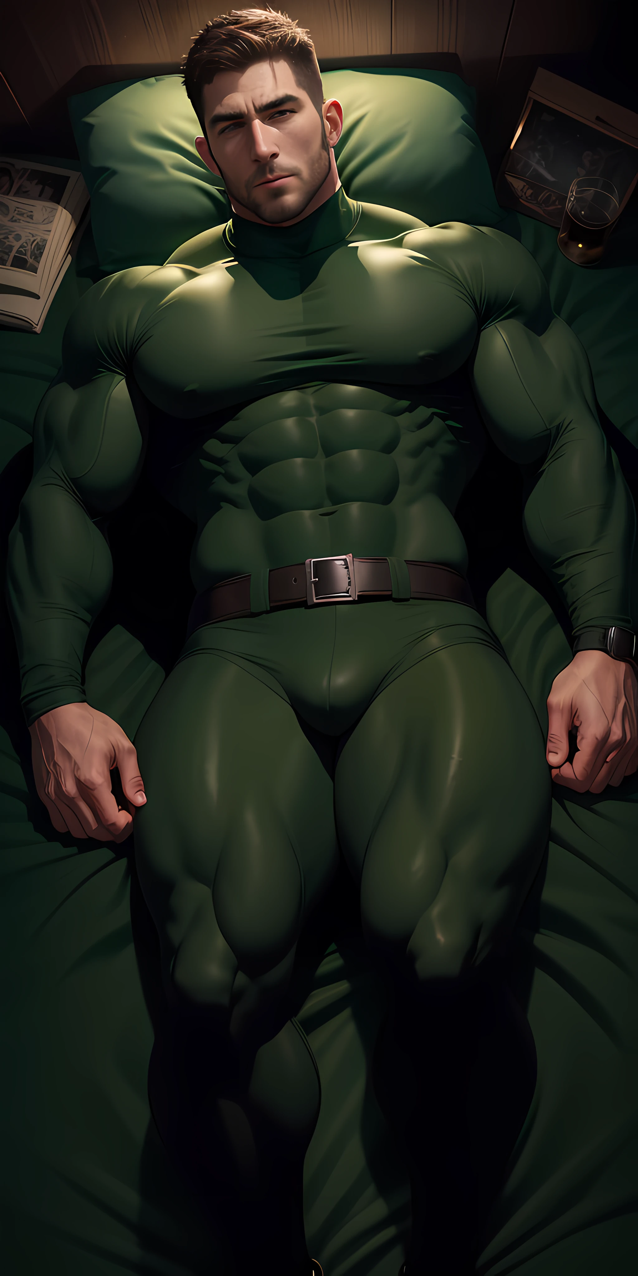 1 muscular man wrapped in dark green turtleneck Slime,Sleep on a large bed wrapped in sunken dark green tentacles,There are plenty of stout dark green tentacles on the bed,They burrowed between their legs,Eyes are confused,muscular male hero,buzz cut,Tall and burly,very muscular!Tall, Burly, and strong, Sneak suit,Thickened warm tights, Sexy thick legs,super gain and cool, high resolution commission, Character design(Resident Evil - Chris Redfield,Chris Redfield),Rough big feet,Dark green cotton socks,Attractive strong men,He opened his mouth wide,In the shout