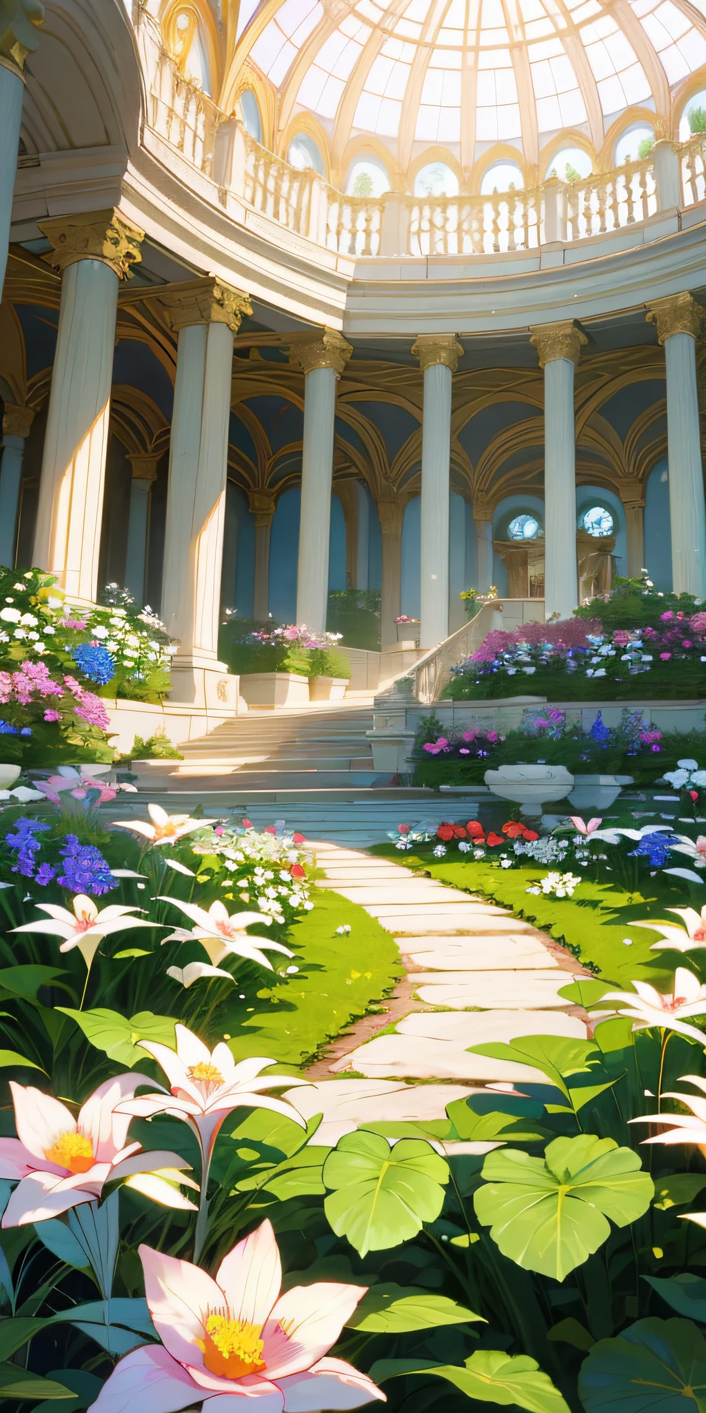 (top quality, masterpiece, ultra-real), indoor botanical garden, dome, lots of flowers, dense mass of plants, the landscape in the background is a garden with petals and puffs flying around. --v6