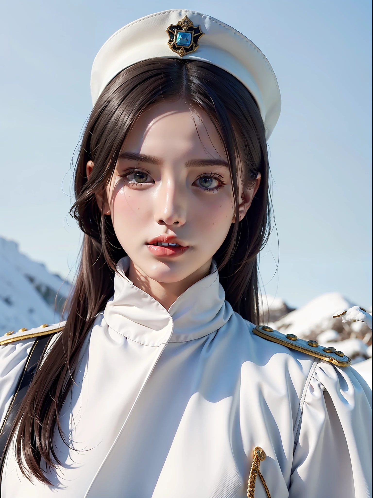 1girls, Female general, Delicate and beautiful face, get  blush, Blue pupil，blue long hair，flowy，Angry, Parting lips, voluptuous figure，White military uniform, White military cap，White boots，perfectly proportioned, Detailed clothing details, glacier，snowfield，Cinematic lighting, filmgrain, Fujicolor, Contrast of light and shade, 8K, Masterpiece, Textured skin, Super detail, hight detail, High quality, high - resolution,