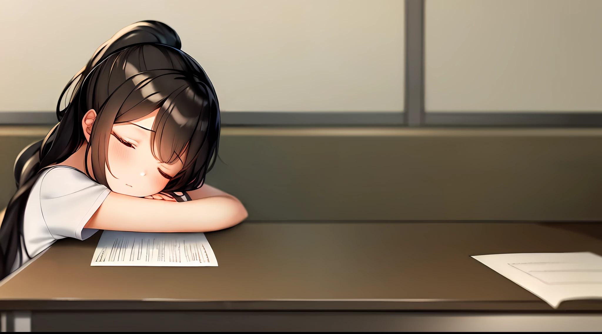 masterspiece, beste Quality, highly resolution, a 1 girl, Loose T-shirt、 Girl sitting on chair studying drafting at desk, Study seriously, Good luck studying、drawn、a beautifu、a Pretty、Sleeping face down on a desk、High Ponytail、Comfortable sleeping face