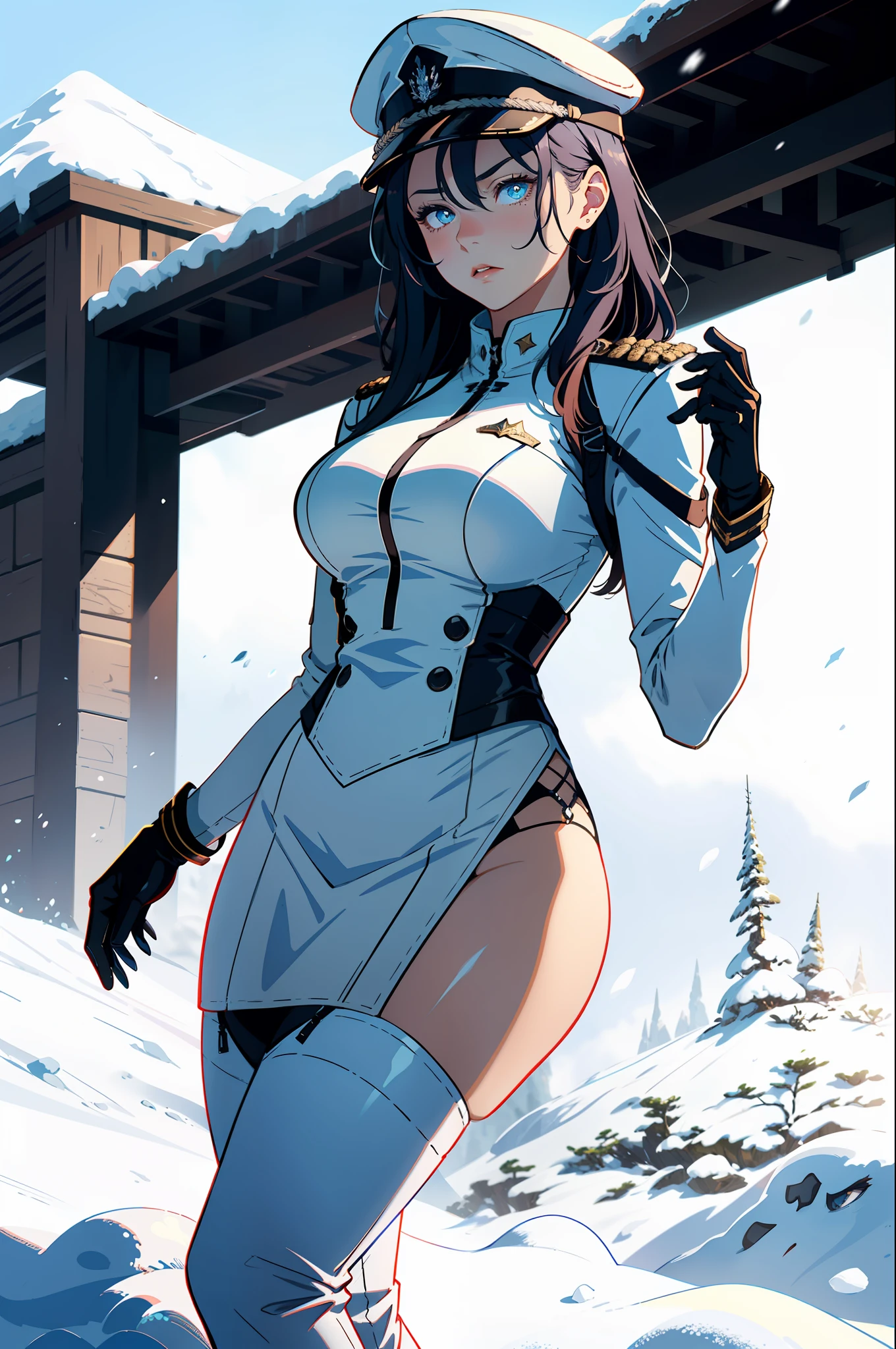 1girls, Female general, Delicate and beautiful face, get  blush, Blue pupil，blue long hair，flowy，Angry, Parting lips, voluptuous figure，White military uniform, White military cap，White boots，perfectly proportioned, Detailed clothing details, glacier，snowfield，Cinematic lighting, filmgrain, Fujicolor, Contrast of light and shade, 8K, Masterpiece, Textured skin, Super detail, hight detail, High quality, high - resolution,