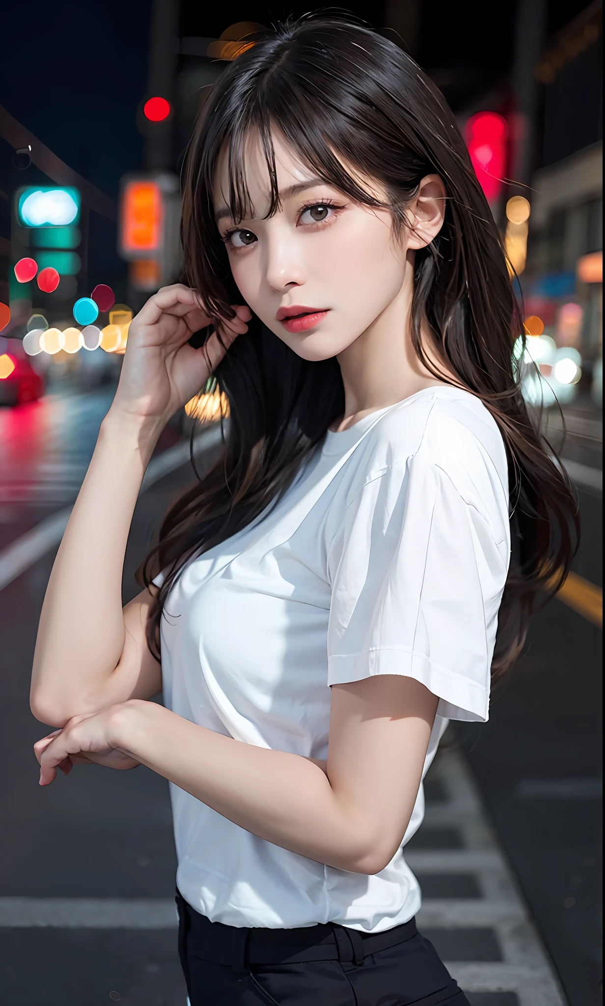 (RAW Photography:1.2)、beste Quality、beautiful detailed girls、bunny girl、angry looking face、highly detailed eyes and faces、Beautiful detailed eyes、huge filesize、highly resolution、highly resolution、8k壁紙、finelydetail、Highly detailed ticker uniform 8k wallpaper、Light on the face、Movie lighting、16-year-old girl、sexy pose each other、(photo realism:1.4)、illutst、surrealism、 from below view、super detaill、masterspiece、 on a street, night, neon light, white t-shirts, no-bra, Black pants, poker face, front-view, standing a, in a crowd of people,