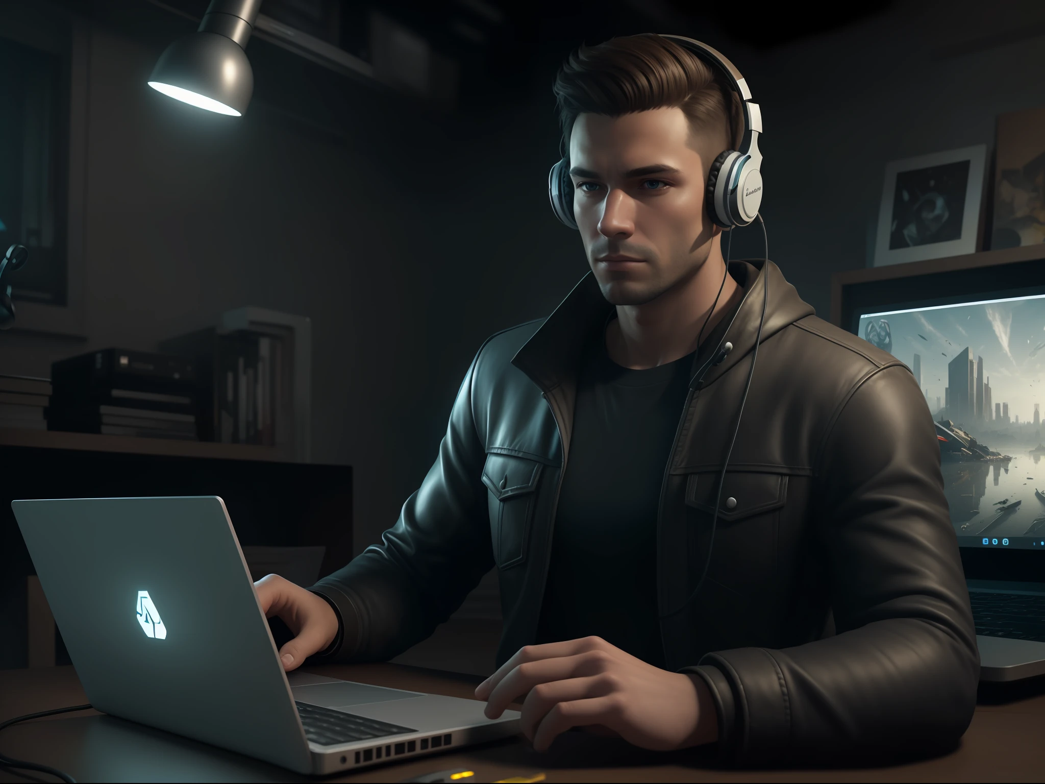 Create a futuristic artwork depicting a man with headphones at the garbage dumb of electronic waste, using a laptop, detailed face, photorealistic, Let the image convey the idea of both isolation and the potential for technological renewal, highly detailed , hyper realistic, masterpiece, unreal engine, 8k resolution,