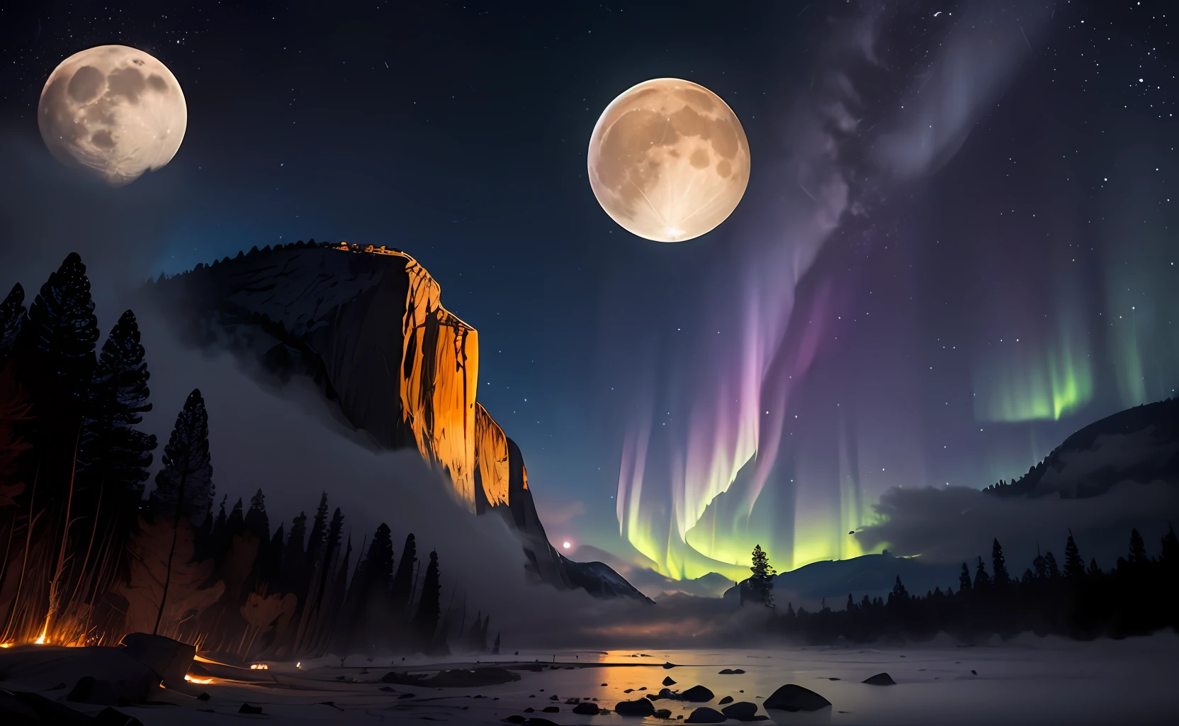 ((best quality)), ((masterpiece)), ((realistic)), ((beautiful moon)), a wide angle photo of Yosemite Half Dome, celestial body struck, comet impact, moon broken in half, surrounded by debris, fragmented, aurora dancing, spring evening, rabbit observer, glimmering stars, mist below, on eye level, scenic, masterpiece