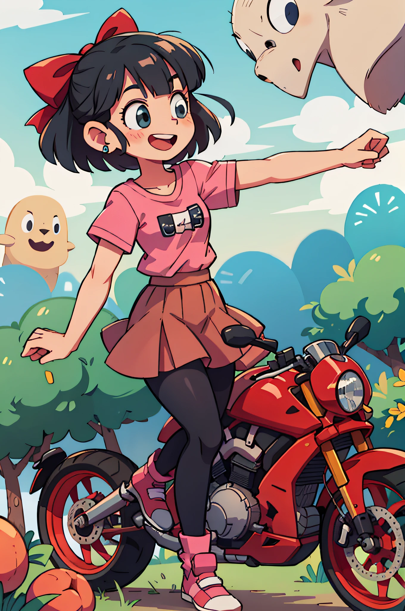 Clothes peaches,Black hair, Hair ribbon, Bowl cut, Pink shirt, Ride a Ducati V4 motorcycle, Pink skirt, Smile, Open mouth