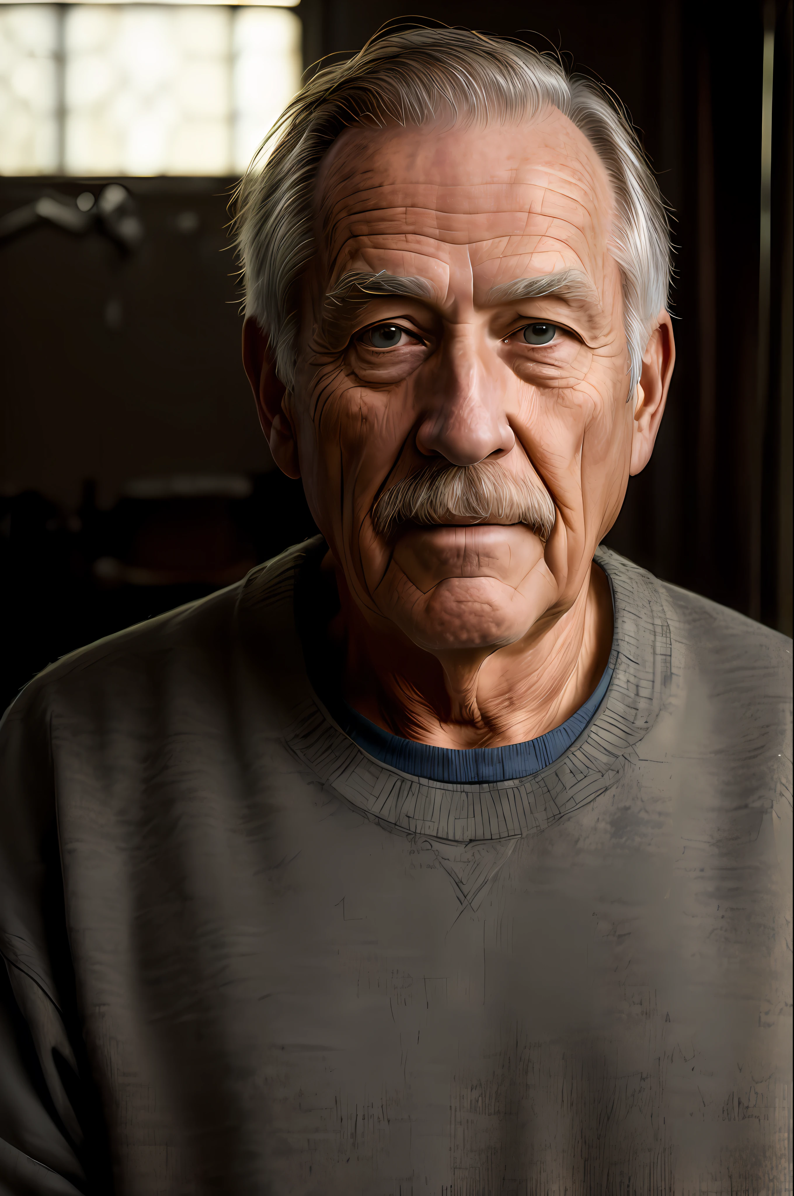(masterpiece, photorealistic, raw,:1.4), (extremely intricate:1.2), close up, cinematic light, sidelighting, ultra high res, best shadow, RAW, upper body, old man, wearing pullover,