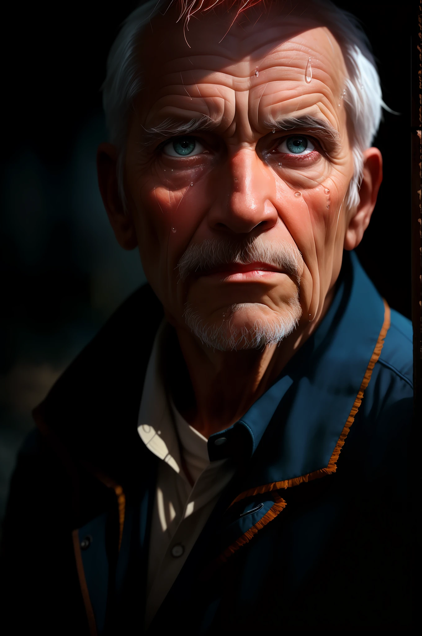 (sharp focus:1.2), an award winning photo of an old man peasant, water droplets, thunderstorm outside, lightning back lighting, , lines on face, wrinkles, extremely detailed skin, sadness, hopelessness ,cloudy eyes, (deep shadows:1.1), high contrast, beautiful eyes, absurdres, 8k, (high quality:1.3), , artstation hd, concept art, detailed face and body, award-winning photography, (moody lighting:1.2), depth of field, bokeh, 4K, HDR