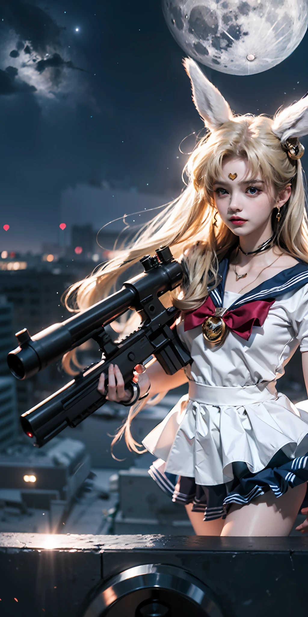 1 mechanical girl: 1.4, Sailor Moon, blue sailor suit, good-looking face, sailor Moon, moon hare, rabbit ears, white top, blonde hair, blue skirt,full body,heart on background, sci-fi background, complex background, glowing hair, light forehead, moon on the background, panorama, holding a gun