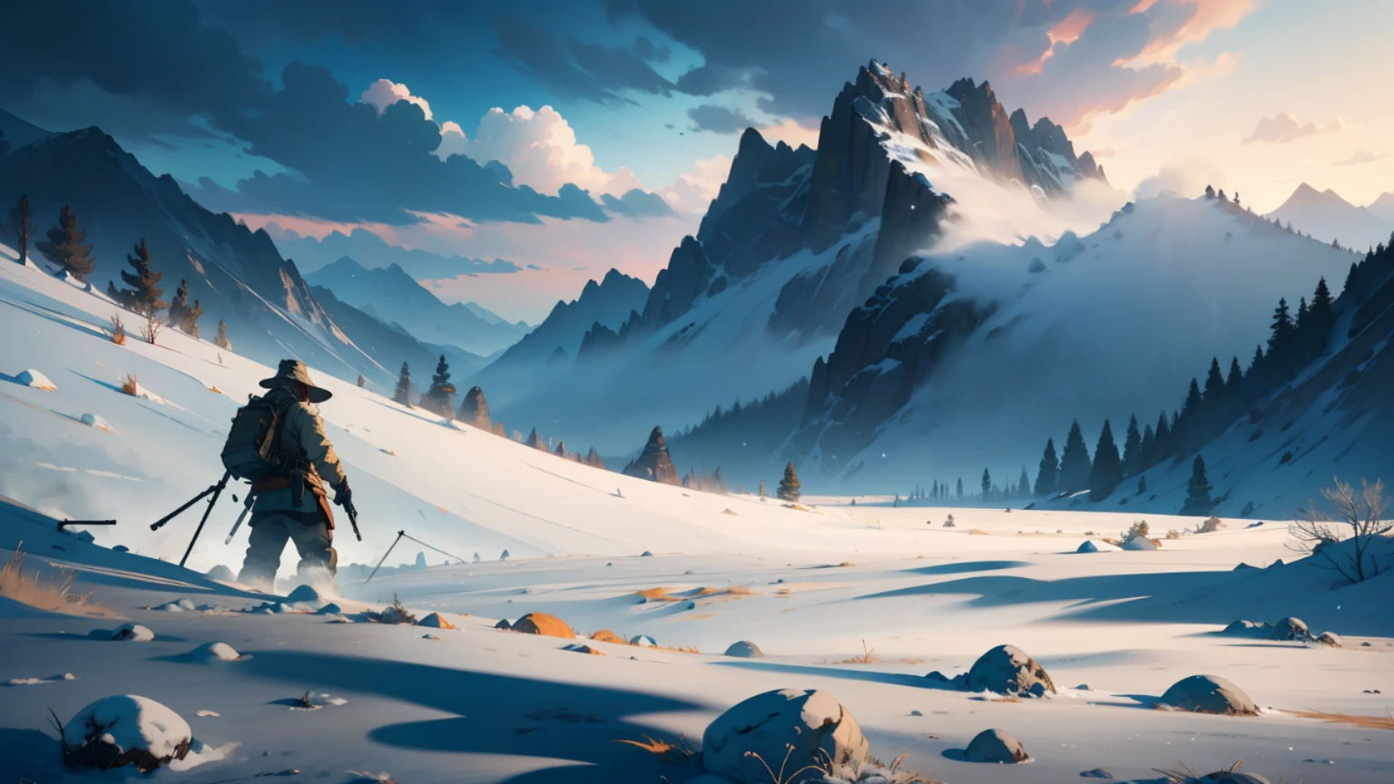 A wasteland under the deserted mountain，A farmer works in a wasteland，Ancient wind，Snow in winter，In the background is a big mountain，Beautiful CG quality，Clear and detailed description，Hearty shots，Rich and superb local details，Intoxicating light and shadow effects，Beautiful and beautiful overall atmosphere