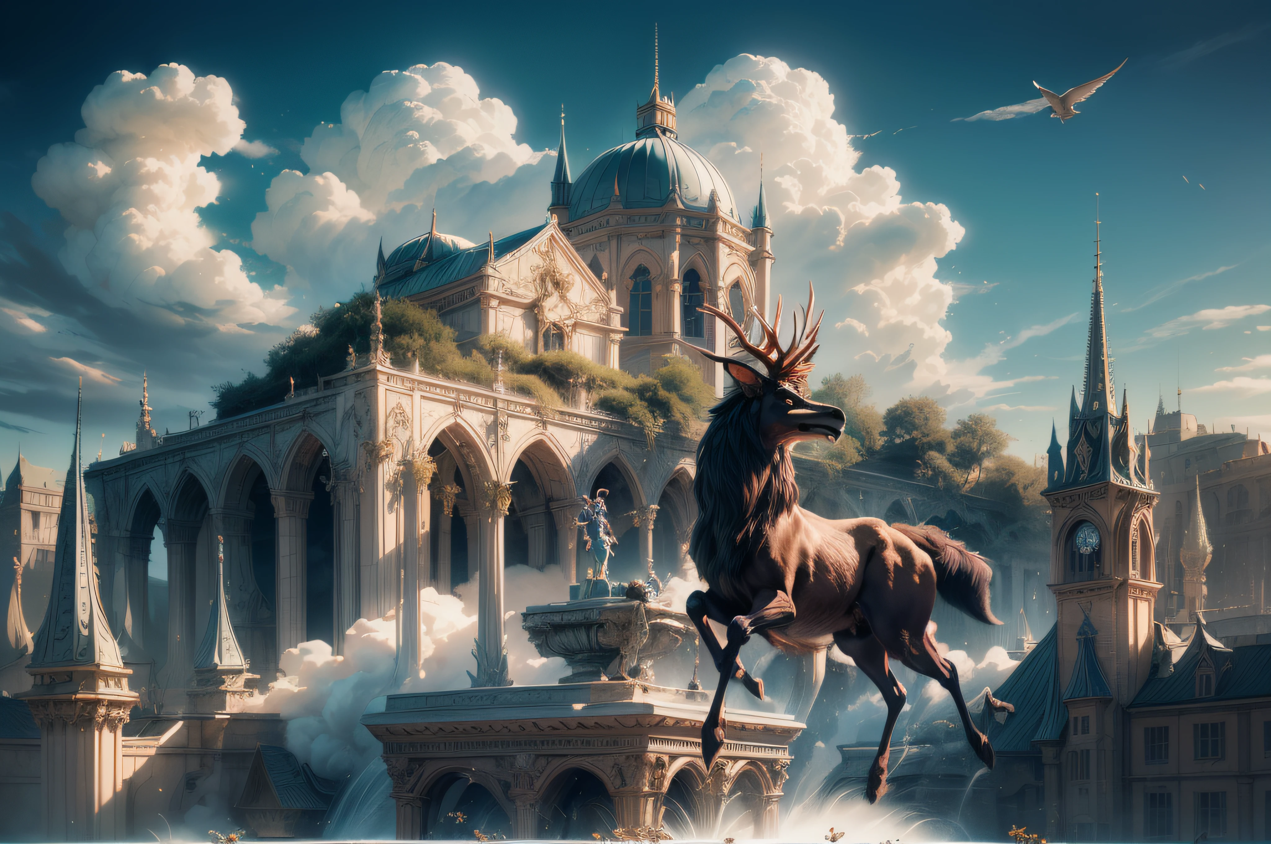 (women riding an giant elk, the hair flutters with the wind), cinematic screen, ethereal, detailed, alluring succubus, ethereal beauty, perched on a cloud, (fantasy illustration:1.3), enchanting gaze, captivating pose, otherworldly charm, mystical sky, soft colors, (detailed cloudscape:1.3), (high-resolution:1.2), ((masterpiece)), (best quality), HDR