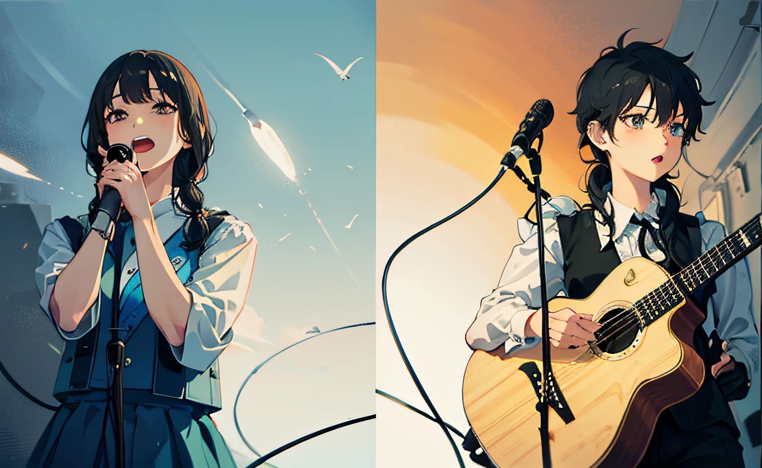 There are two beautiful girls singing and playing guitar on stage, hammershøi, yoshitomo nara and aya takano, perfume, gongbi, IU, nixeu and sakimichan, absolutely, 15081959 21121991 01012000 4K, shaxi