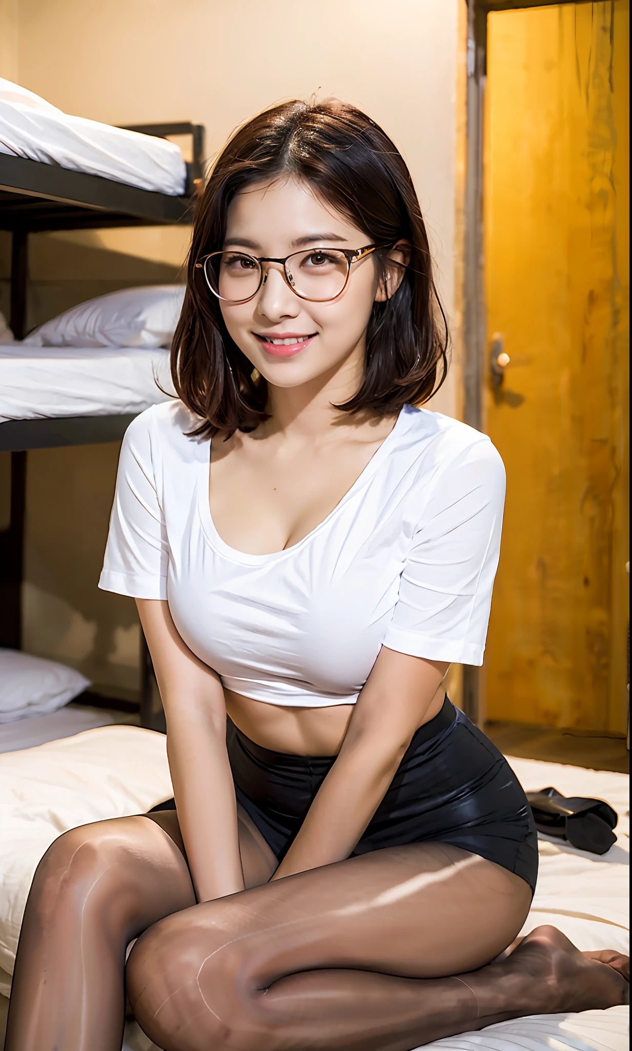 Ulzzang-6500-v1.1,(OriginalPhotographs:1.2), (Photorealistic:1.4), beautiful detailedgirl, beautifull eyes,big eyes,Low-cut T-shirt,8k 壁纸,blackstockings,busty lady, bigger breasts,Short skirts,skirts,wears glasses,bob hair,Cutes,In the hostel,with full breasts,bigger breasts,Smile with,shylily,sitting on a bed