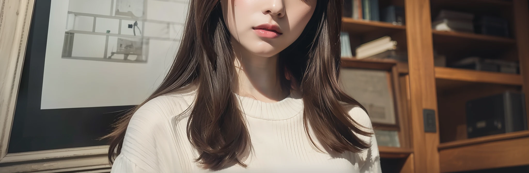 Pale-skinned 20-year-old Japan stands in front of Leonardo da Vinci's blueprints. Her silver, Medium length hair、Frame the shy face while glancing at the viewer. Her purple eyes stand out against her simple light white summer knit. The full-body portrait is photorealistic and sharply focused, showcasing a vintage aesthetic akin to an Instagram filter. The professional lighting highlights her glossy skin and the high-quality rendering, sunlight beams,  beste Quality, Realstic, photorealestic, beste Quality, masterspiece, extremelydelicateandbeautiful, higly detailed, Fine detail, Super Detail, highly resolution, higly detailed, Realstic, ultrahigh-detailing, beste Quality, ultrahigh-detailing, High-quality textures