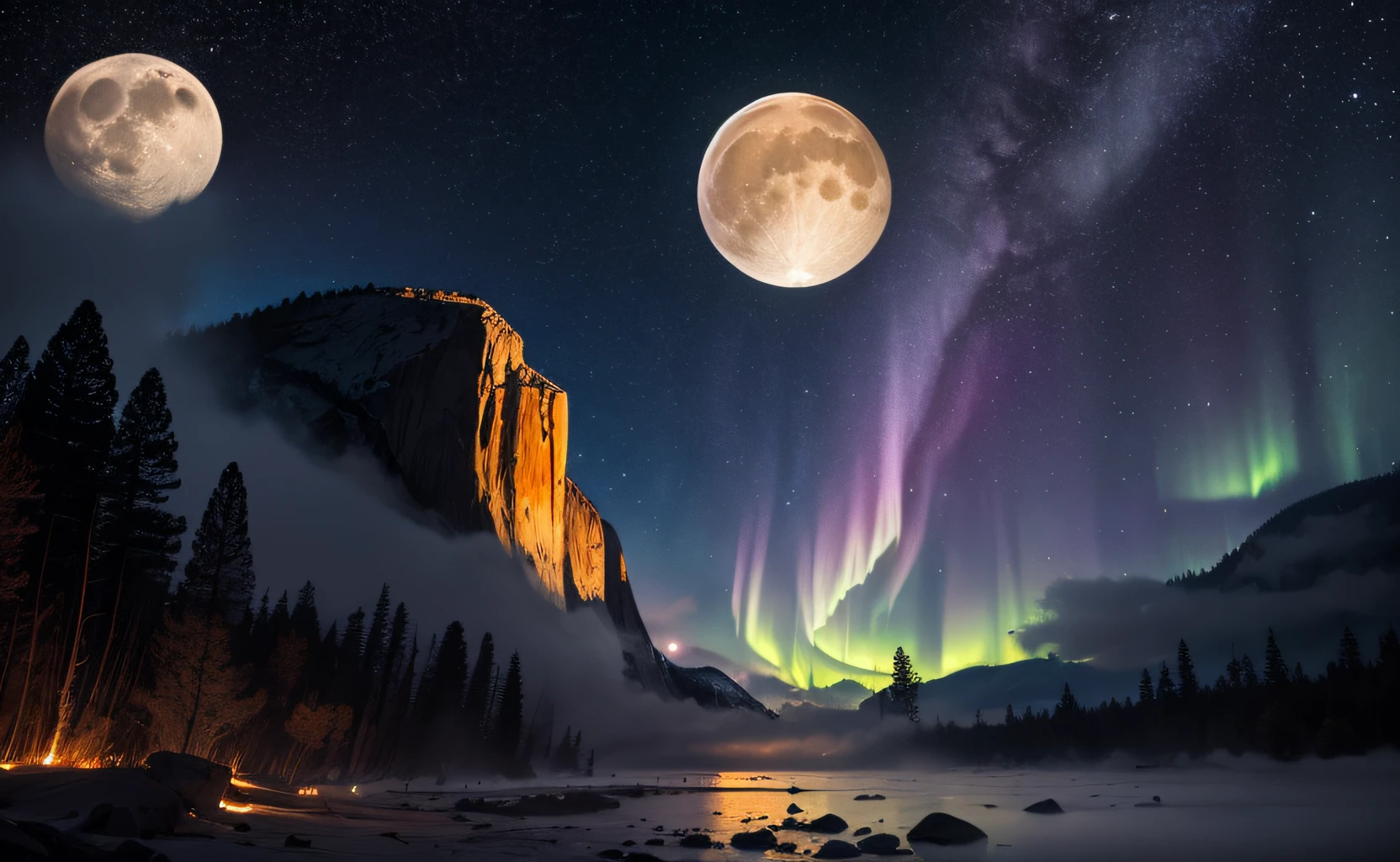 ((best quality)), ((masterpiece)), ((realistic)), ((beautiful moon)), a wide angle photo of Yosemite Half Dome, celestial body struck, comet impact, moon broken in half, surrounded by debris, fragmented, aurora dancing, spring evening, rabbit observer, glimmering stars, mist below, on eye level, scenic, masterpiece