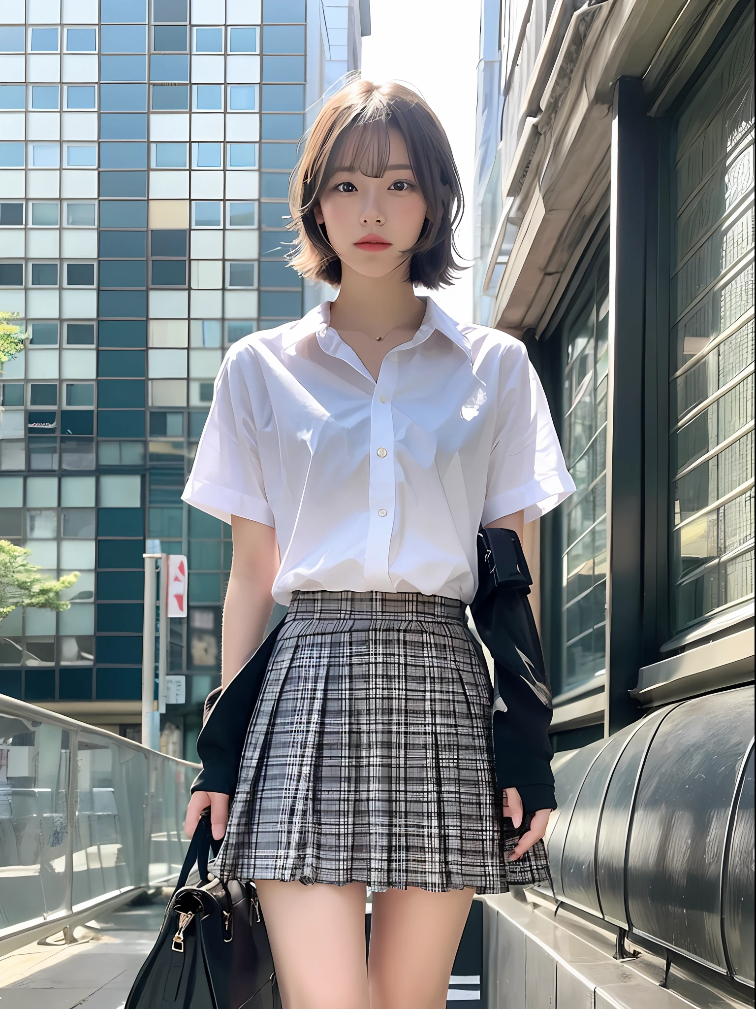 In this project、In a studio inspired by the cityscape of Shibuya、Intended for shooting in bright light from morning to noon in summer。Wearing a uniform with a hairstyle and Japan high school students that match the trends of 2023。The hem of the skirt is short and 5 inches above the knee..。Realistic, lifelike and super detailed finish、Modeled after an 18-year-old high school student with a beautiful face、Create very elaborate CG Unity 8K wallpapers。The model is slender and cute、It also has the feel of a high school student.。Her characteristics are、With short hair in bob style、It's a girl in a uniform that everyone admires.。Since shoots are carried out in bright summer light、Qing々Please take pictures so that you can feel the atmosphere of summer.。The skin quality of the model is delicate、Pay attention to the fine details and softness of the hair.。Studio sets are inspired by the cityscape of Tokyo、While reflecting urban elements、Please also create a summer atmosphere.。Camera angles should be from the knee up。The model's hair color is a little lighter。Makeup emphasizes bright lips and eye-catching mascara、Have a natural and light styling。Fashion style is、It is a uniform with a skirt and white shirt 5 inches above the knee。While imagining the brightness of summer and the cityscape of Tokyo、Keep the colors low、Express a simple and urban style。The final image is、Shot in a studio reminiscent of the Tokyo cityscape shot in bright summer light、Try to express a refreshing and summery atmosphere.。