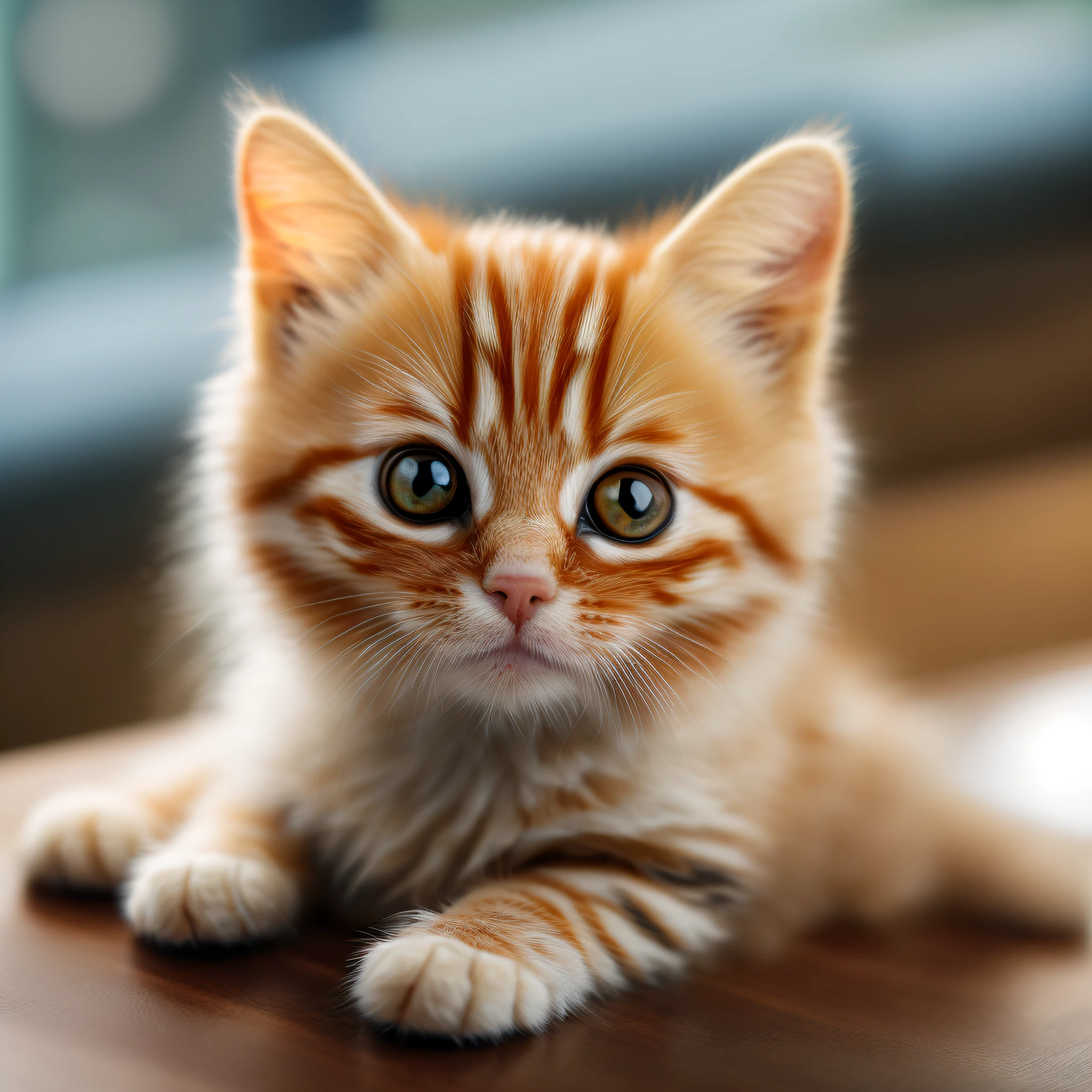 Kittens, 8K, a professional photograph of, delicated, clarity, On a table, inside the house, The sunlight, leaking light, 杰作,(realistically), stuffed animal, round pupils