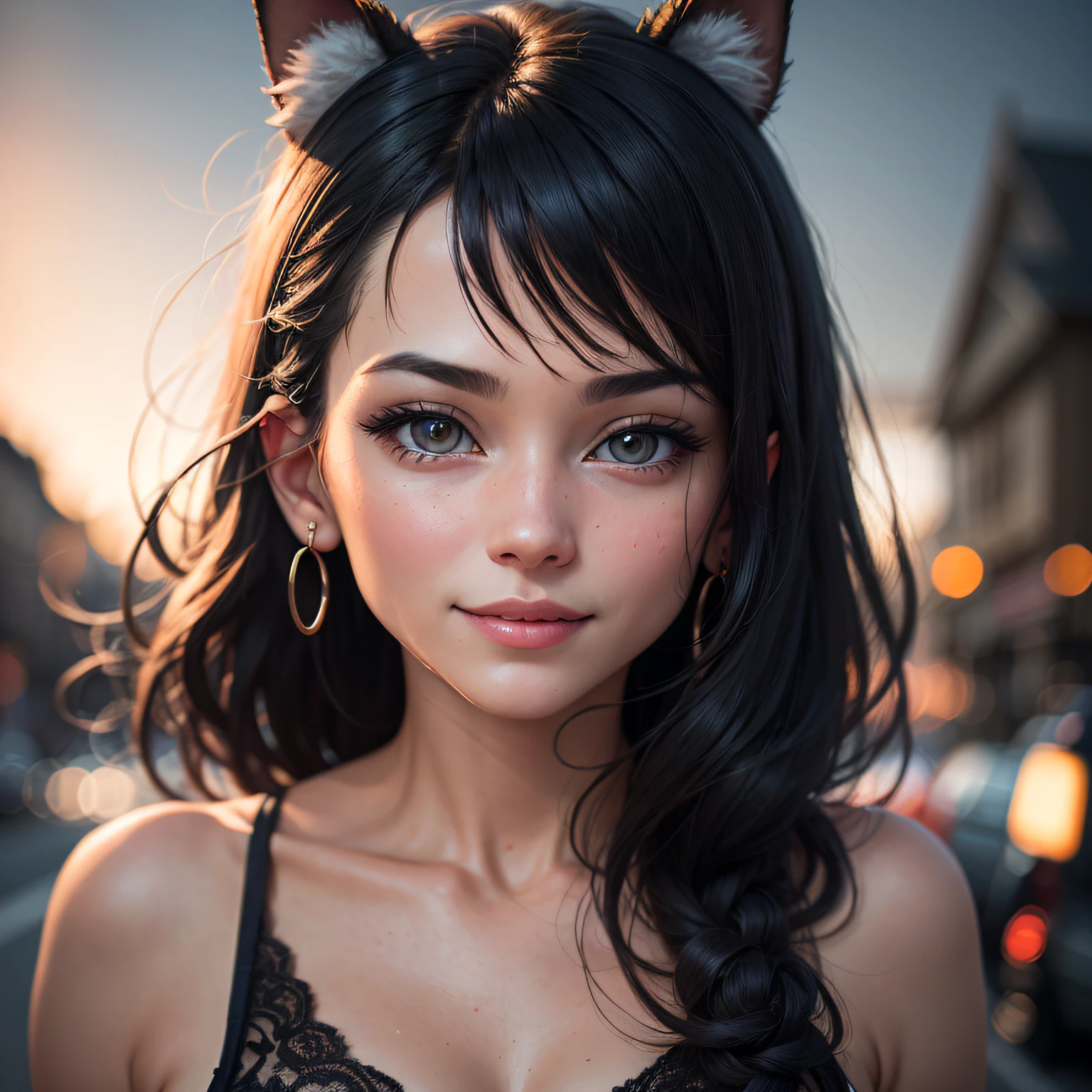 black hair, hair bobbles, wince, longeyelashes, solid circle eyes, fake animal ears, light smile, ear blush, fang, Surrealism, drop shadow, anaglyph, stereogram, tachi-e, pov, atmospheric perspective, high detail, glowing light, cinematic lighting, 8k, super detail, ccurate, best quality, 4K, 4K