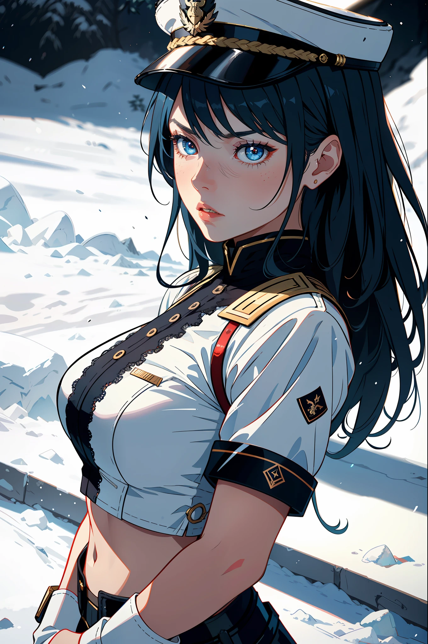 1girls, Female general, Delicate and beautiful face, get blush, Blue pupil,blue long hair,flowy,Angry, Parting lips, Busty chest,Convex buttocks,White general uniform, White military cap,White lace-up boots,perfectly proportioned, Detailed clothing details, glacier,snowfield,Cinematic lighting, filmgrain, Fujicolor, Contrast of light and shade, 8K, Masterpiece, Textured skin, Super detail, hight detail, High quality, high - resolution,