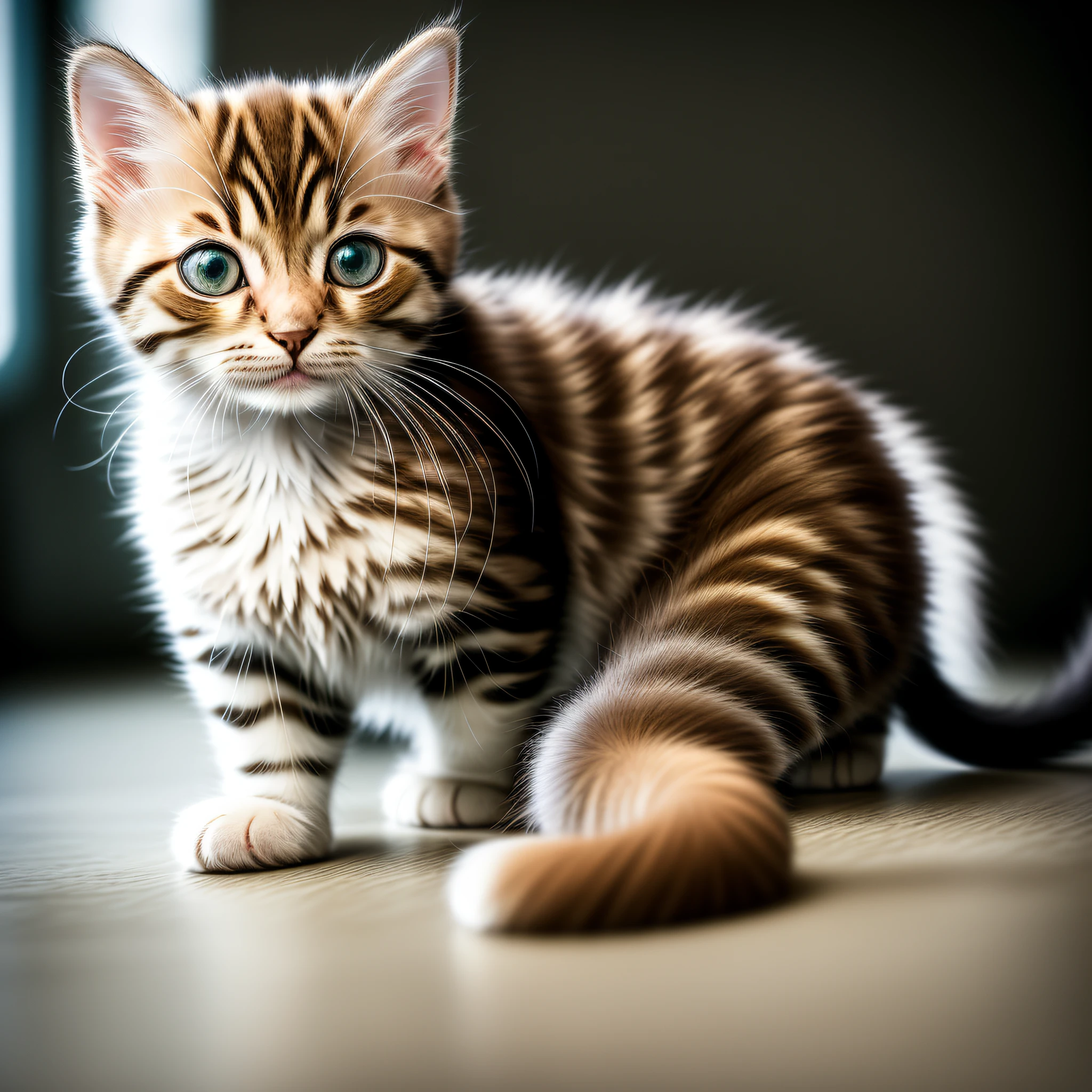 Kittens，  8K， a professional photograph of， delicated， clarity， On a table， inside the house， The sunlight， leaking light， 杰作，（realistically）， stuffed animal， round pupils