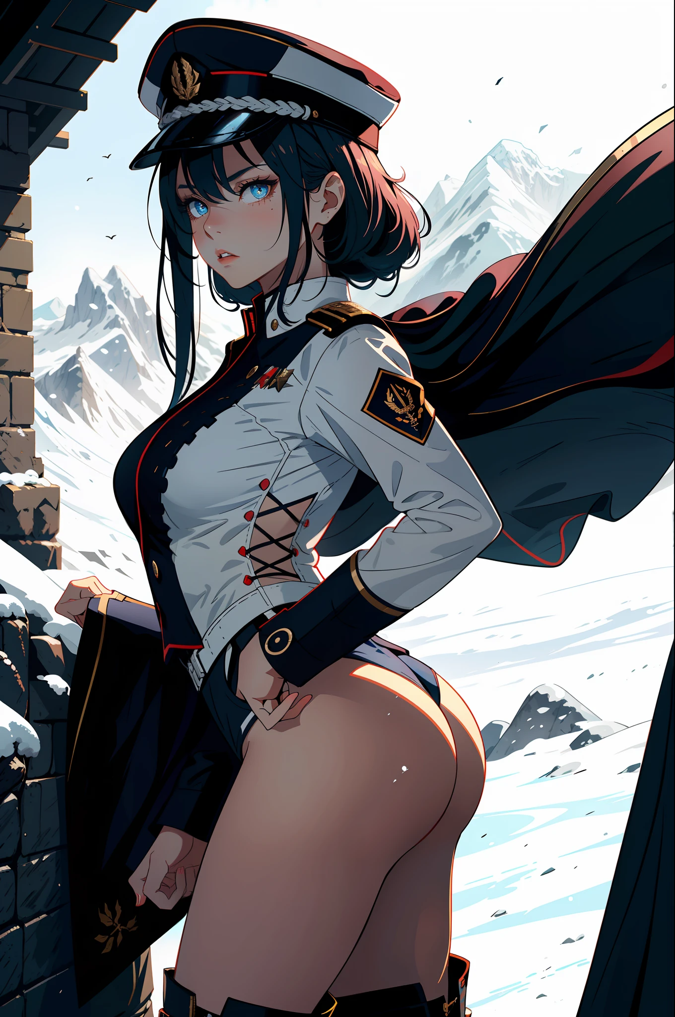 1girls, Female general, Delicate and beautiful face, get  blush, Blue pupil，blue long hair，flowy，Angry, Parting lips, Busty chest，Convex buttocks，White general uniform, White military cap，White lace-up boots，perfectly proportioned, Detailed clothing details, glacier，snowfield，Cinematic lighting, filmgrain, Fujicolor, Contrast of light and shade, 8K, Masterpiece, Textured skin, Super detail, hight detail, High quality, high - resolution,