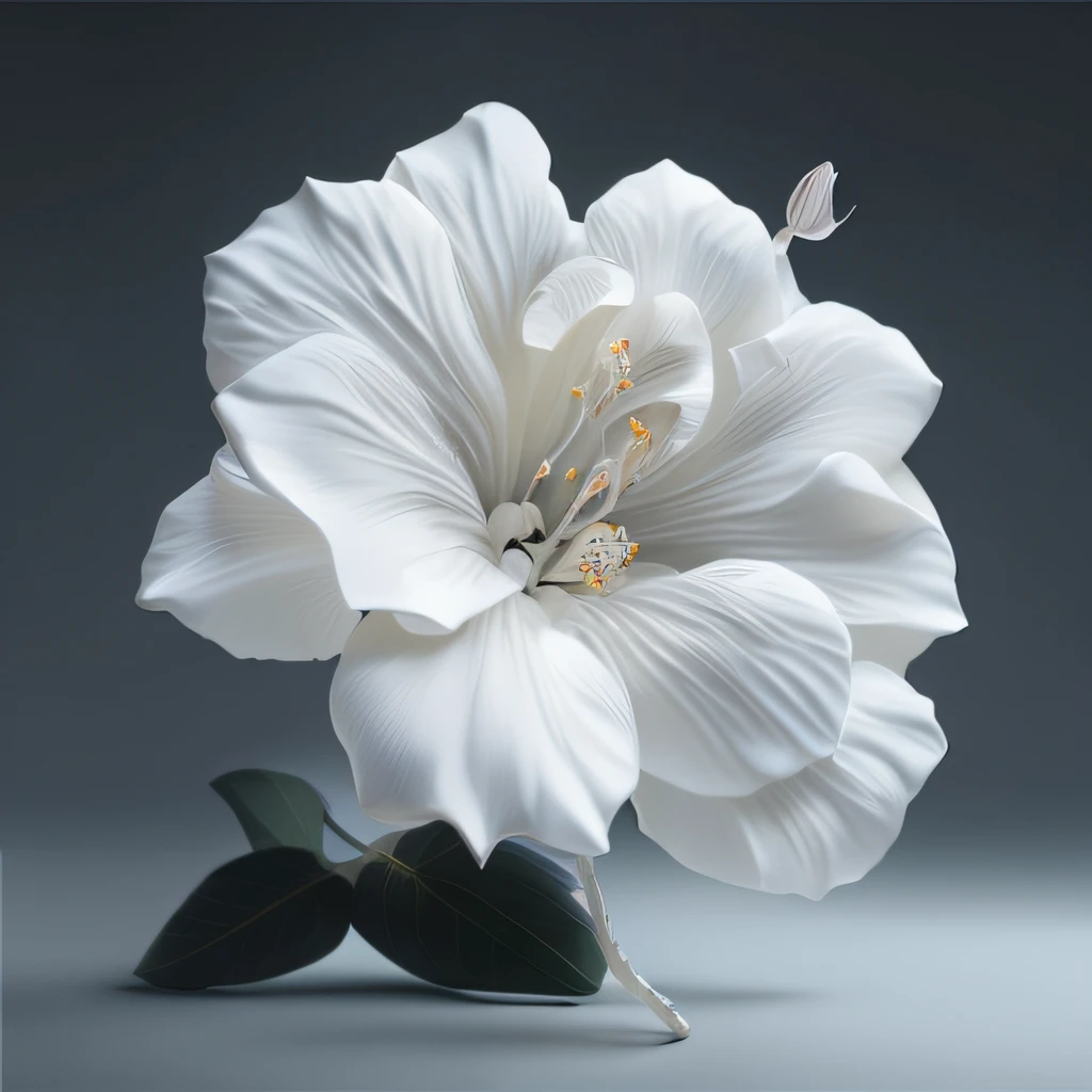 there is a white flower that is sitting on a table, flor branca, por jeonseok lee, Directed by: Ikuo Hirayama, flor, fotografia altamente realista, photorealistic illustration, large exotic flowers, hyper realistic detailed render, fotografia altamente realista, Directed by: Nil Gleyen, Directed by: Kentaro Miura, lily flower, Directed by: Tadashi Nakayama