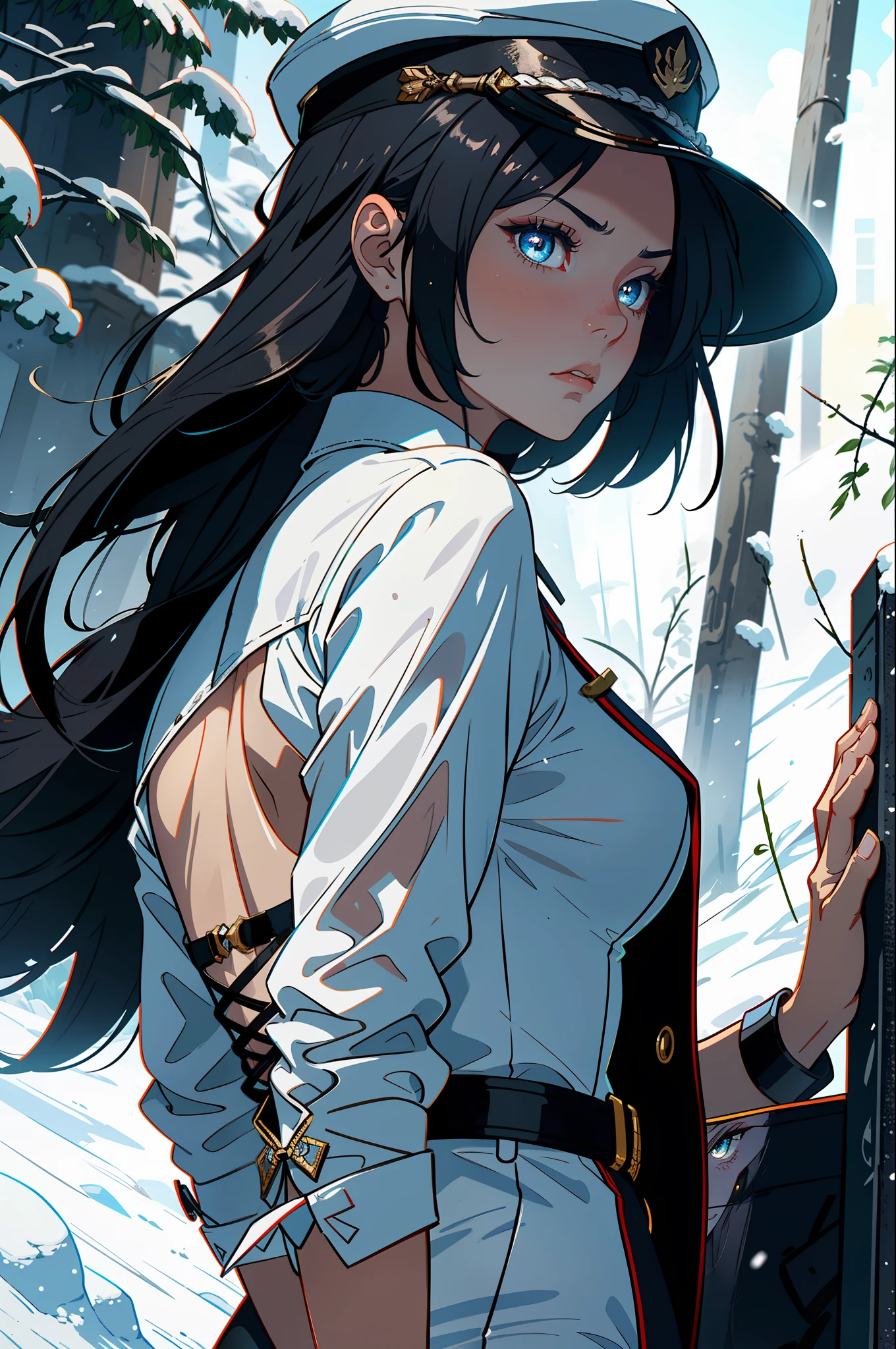 1girls, Female general, Delicate and beautiful face, get blush, Blue pupil,blue long hair,flowy,Angry, Parting lips, Busty chest,Convex buttocks,White general uniform, White military cap,White lace-up boots,perfectly proportioned, Detailed clothing details, glacier,snowfield,Cinematic lighting, filmgrain, Fujicolor, Contrast of light and shade, 8K, Masterpiece, Textured skin, Super detail, hight detail, High quality, high - resolution,