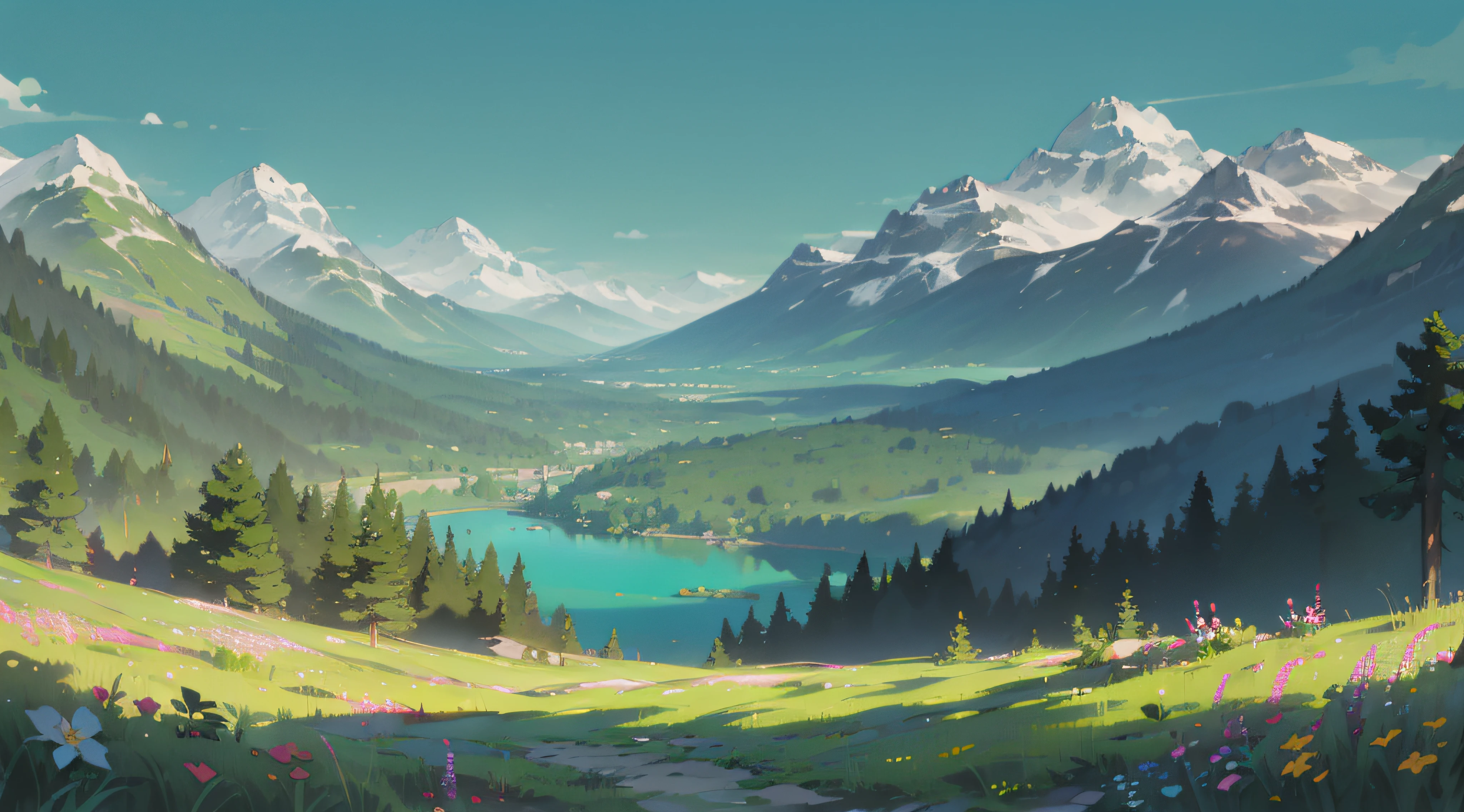 Towering mountains,Turquoise Lake,(forests),blooms,The tree,grassy,spring time,Plenty of sunshine,Sunlight strong,Contrast of light and shade,cliffs,Picture,8K,high qulity