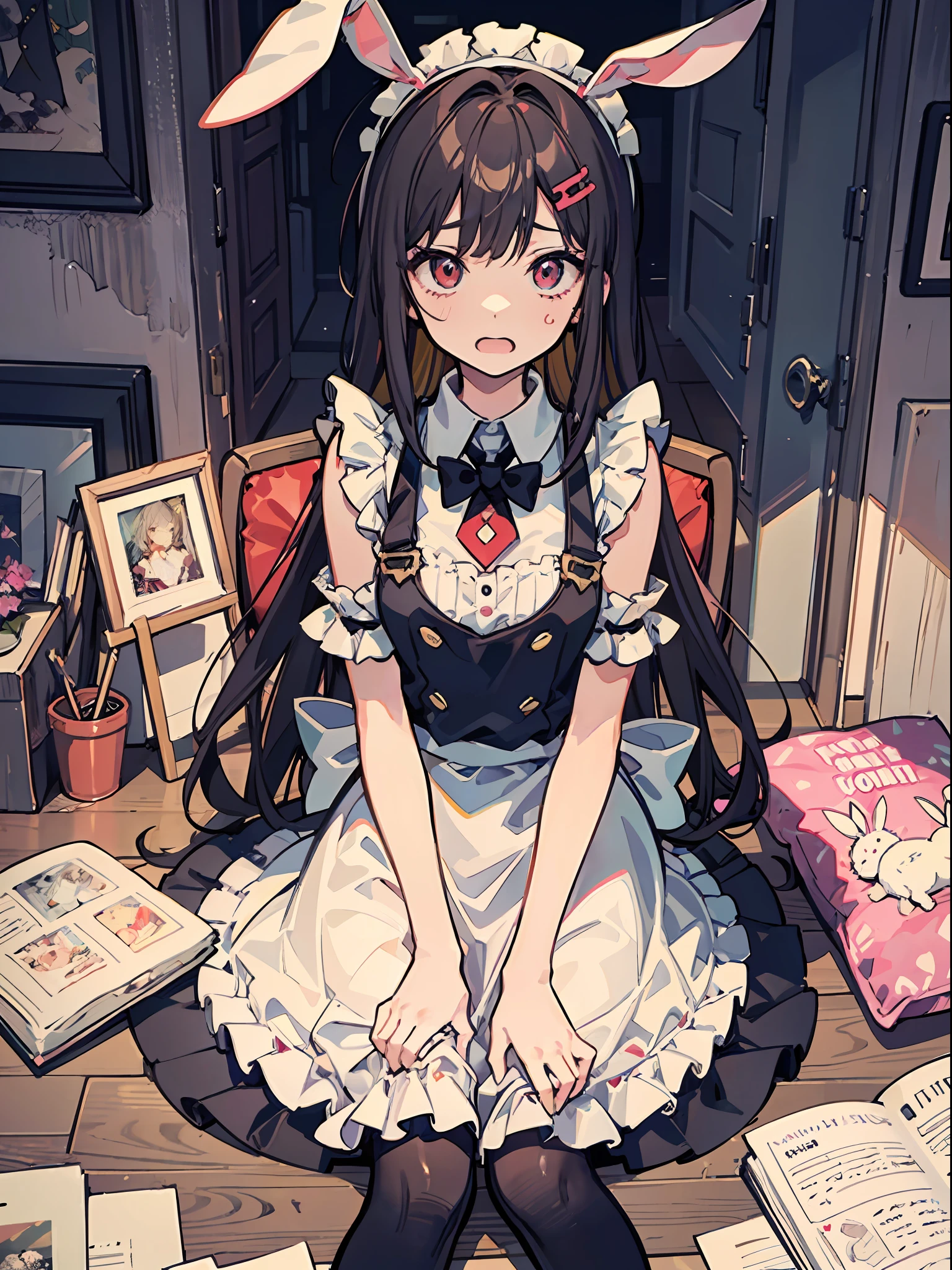 This illustration shows a girl sitting on the floor,She transforms into the image of a bunny girl,The illustration presents a very detailed cover art effect。The scene is depicted very delicately。She is dressed in a role-play costume in a maid costume,The whole gives a sense of innocence,There is a love motif in the picture,The overall picture has a jagged edge effect,Taken together,This illustration creates a naïve scene,Featuring the image of a bunny girl,And mixed with elements of Lovecraft, Embarrassing face Embarrassed cheeks turning red Startled surprise