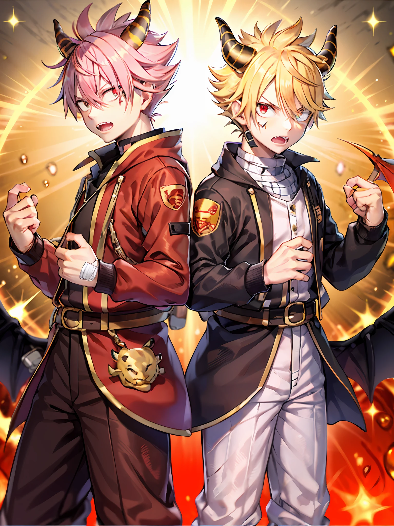 One Boy,Yellow hair,Students have short hair on their heads,shonen,Red eyes,There are small tiger teeth in the mouth,Red overalls,There are bandages on the hands,There are small red devil horns on the head,Devil wings